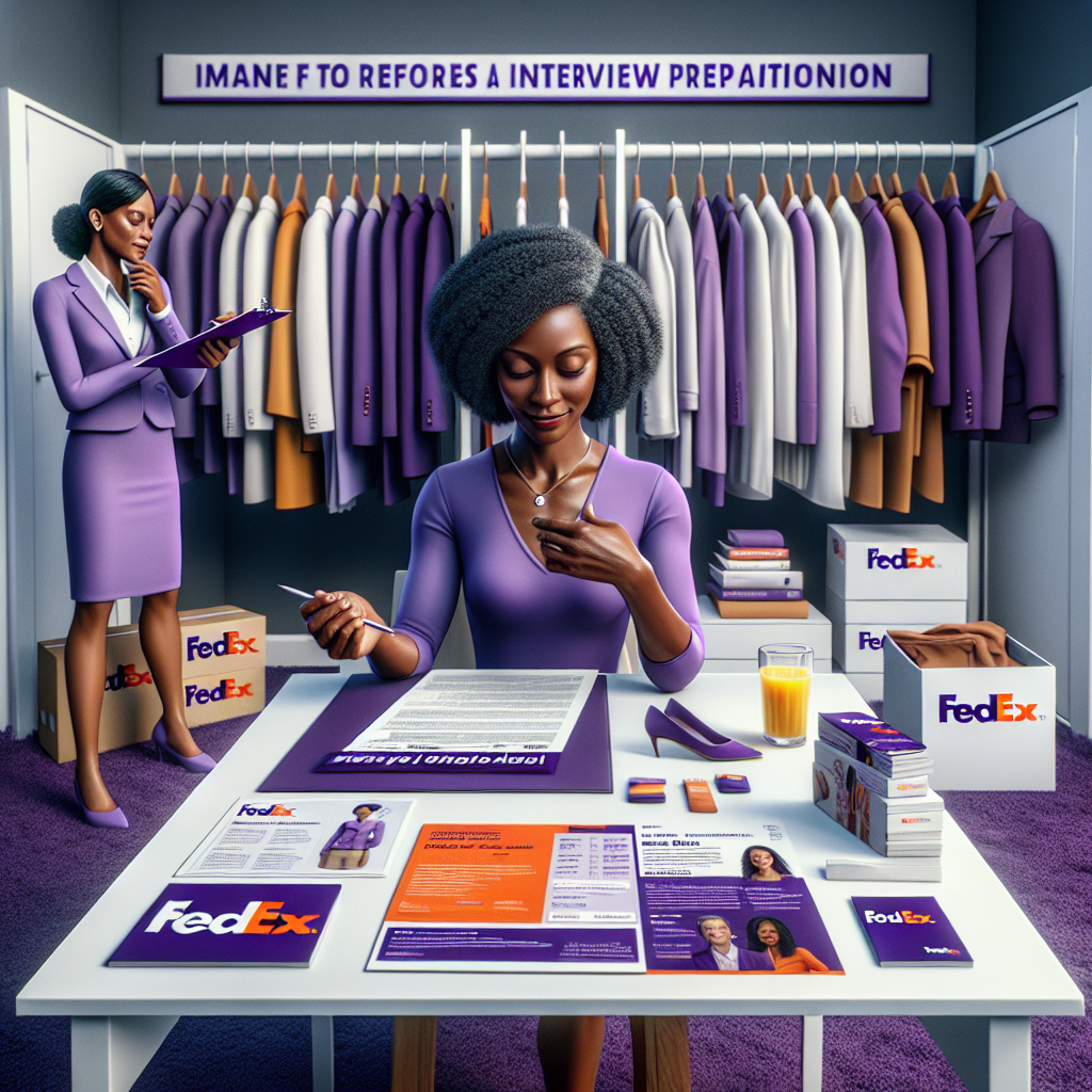 Imagine an insightful visual portrayal of an interview preparation scene where an individual is preparing for a FedEx job interview. The individual, a Black woman, is thoughtfully selecting her outfit from a wardrobe full of various professional attires. On a nearby table, there are a few FedEx brochures highlighting its purple and orange company colors, along with a printout of the job role descriptions for which she's interviewing. The setting reveals not just the importance of style, but also the essence of understanding company culture before a job interview.