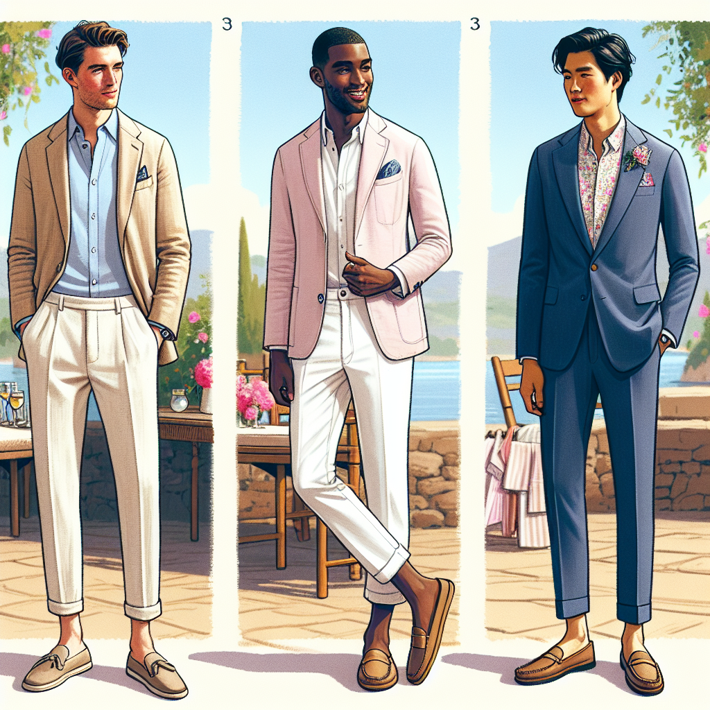 Semi-Formal Summer Wedding: Must-Have Men's Styles Illustration of three men attending a semi-formal summer wedding. On the left, a Caucasian man sports a light tan linen suit with a light blue dress shirt, no tie, and brown loafers. In the middle, a Black man is dressed in a pastel pink cotton blazer and white chinos, with a pair of casual leather sandals. On the right, a South Asian man in a navy cotton suit with a floral print pocket square and dress loafers. They all look relaxed and comfortable, exemplifying must-have men's styles for semi-formal summer weddings. The background is a picturesque outdoor wedding scene.
