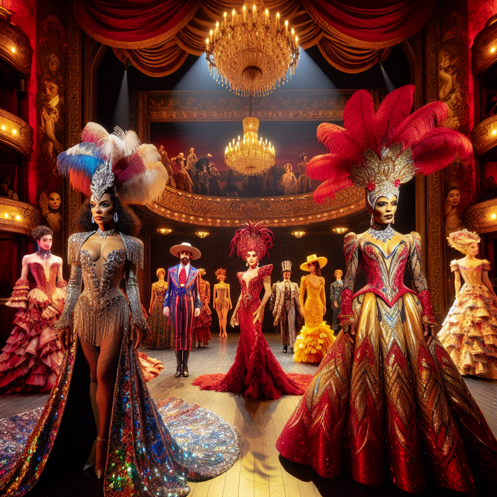 Imagine a scene depicting the interior of a Broadway theater. In the ornate, plush red and golden setting, there are performers donned in attention-grabbing outfits. A female performer of Hispanic descent is wearing a dazzling sequin gown reflecting the stage lights, while her East Asian male counterpart is in a vibrant and flamboyant costume with a feathered hat. Another performer, a Black woman, is wearing a stunning, elaborate period dress indicative of her character. Each costume features incredible attention to detail, including intricate patterns and lavish materials, embodying the extravagance and flair of Broadway shows.