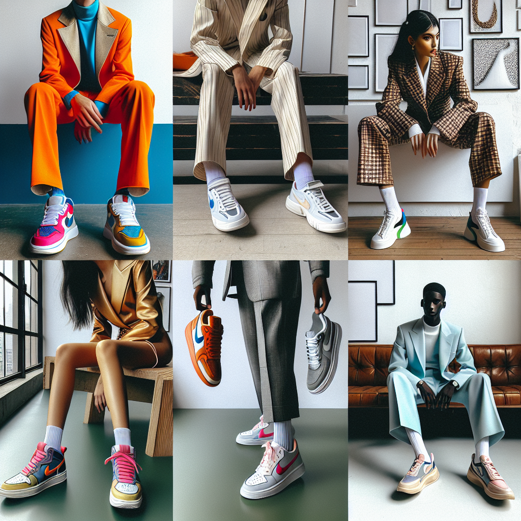 An aesthetically appealing scene of people showcasing different looks for a sneaker ball. The first person is a Caucasian male, wearing a vibrant throwback sneaker design paired with casual wear. The second person is a Middle-Eastern female, sporting minimalist white sneakers with a stylish tailored suit. The third person, a Black male, complements his high-end leather sneakers with a bold-patterned blazer. The fourth person, a South Asian female, matches her pastel-colored sneakers with a chic, floor-length dress. All of them are diversified by different backgrounds, indoor and outdoor, illustrating the versatility of sneaker fashion.