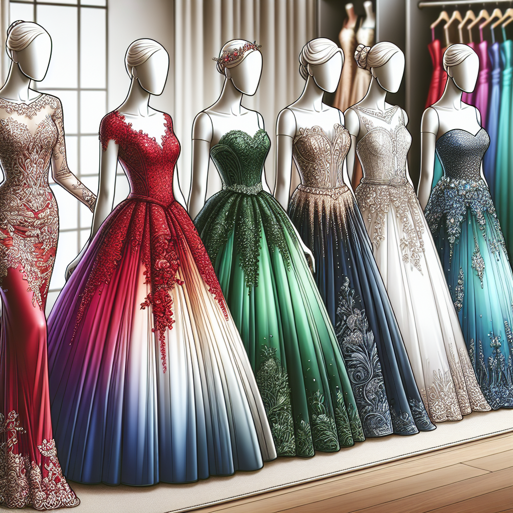 Stunning Wedding Dress Colors: Find Your Best Match! Imagine a vibrant display of various wedding dresses displayed on mannequins in an upscale bridal boutique. Each gown is colored differently displaying rich and eye-catching hues. One dress is ruby red with intricate lace detailing, another is a stunning emerald green with fine sequin work, and yet another is an astonishing sapphire blue with delicate beading. In addition to these, there's also a classic white dress with lovely embroidery for traditional brides. Illustrate the mannequins as varying in body types to showcase how different styles might fit different physiques.