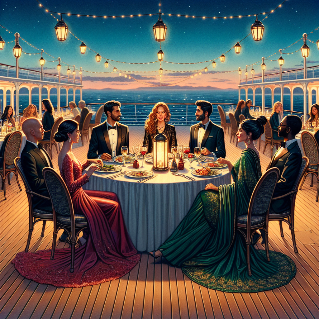 Imagine a detailed scene of an outdoor dinner on a majestic cruise ship. The sky is gradually shifting from dusk to night, with the first stars peeking out. On the deck, under the delicate warm glow of hanging lanterns, a party of four people, each of a different descent (Caucasian, Hispanic, Middle-Eastern, South Asian), are elegantly dressed for dinner. One man is in a sophisticated black tuxedo and a woman in a flowing ruby-red gown, both Caucasian. A Hispanic woman is wearing a chic emerald green jumpsuit, and a Middle-Eastern man is in a sleek midnight blue suit. A South Asian woman is seen in a polished golden saree. The threadwork on the saree glints in the lantern light.