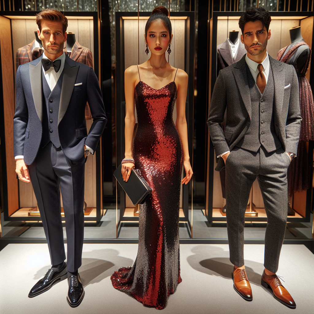 A display of three individuals mastering the dress code for upscale dining. On the left, a Caucasian man in a well-tailored navy-blue tuxedo, complete with a bow tie and shiny black dress shoes, portrays the quintessential gentlemen. In the center, a South Asian woman exuding elegance in her dark-red sequin floor-length gown, coupled with a classy clutch and high heels. To the right, a Middle-Eastern gentleman stands confidently in a charcoal grey three-piece suit paired with a slim tie and brown leather shoes. All posing in a luxurious restaurant environment.