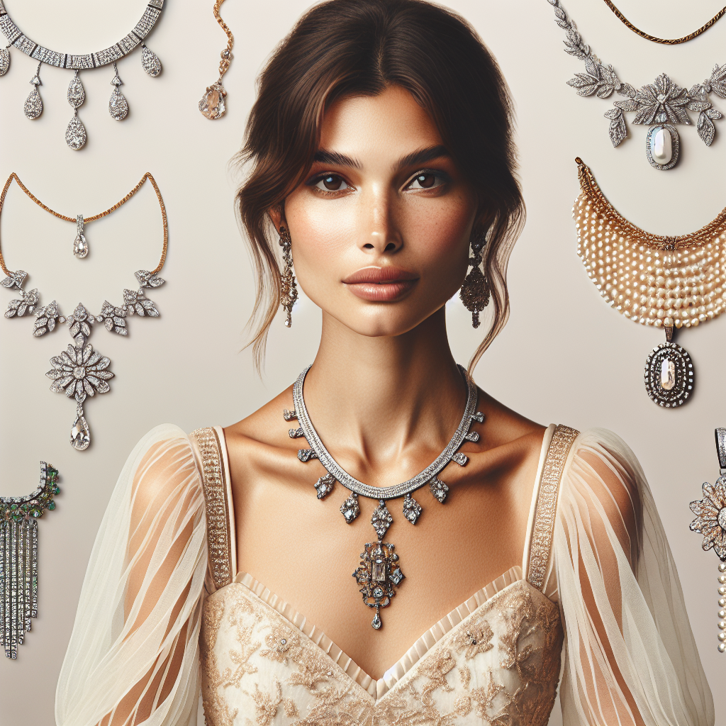 Showcase an enticing collection of stunning necklaces designed for scoop necklines. The jewelry pieces should vary in style and complexity, from minimalist to lavish. Start with a simple chain necklace embedded with delicate diamonds for a minimalist look. Also, focus on a pendant necklace with intricate detailing and a centerpiece gem for a glamorous look. Additionally, include a multilayered pearl necklace for a chic look. Everything should be displayed against a light background, with the scoop neckline of an elegant dress visible beneath each necklace. The model wearing the necklaces should be a middle-aged, Hispanic woman.