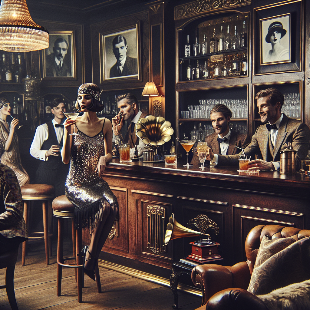 Must-Have Speakeasy Styles: Effortless Elegance Imagine a sophisticated speakeasy from the Roaring Twenties: rich wooden decor, elegant vintage leather furniture, and dim lighting create an aura of mystery and seduction. Behind the swanky bar, an array of classic cocktail glasses gleams under the soft light. In the corner, there's an antique brass gramophone, while breathtaking black-and-white pictures from the era decorate the walls. A bartender with a Hispanic descent, sporting a three-piece tweed suit, expertly mixes an Old Fashioned cocktail for a group of customers. A lady of Caucasian descent in a sequin-clad flapper dress, emanating effortless elegance, laughs with her friends as she sips her drink. The setting encapsulates the essence of a time when style, sophistication, and secret gatherings reigned supreme.