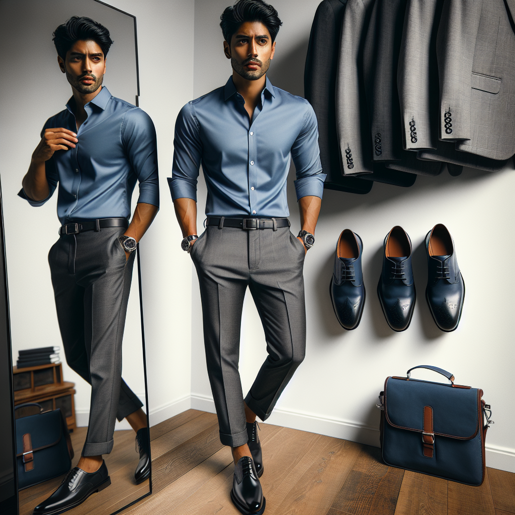 Imagine a visually engaging scenario featuring a South Asian male dressed in a stylish business casual outfit for a coaching interview. He wears a crisp blue shirt paired with a tailored charcoal grey pants. On his feet are polished black leather shoes complimenting his outfit. His final details include a silver wristwatch and a navy blue messenger bag slung over his shoulder. In the background, there's a mirror reflecting his confident posture and overall appearance. This interpretation of professional elegance provides an illustrative guide on what to wear to a coaching interview.