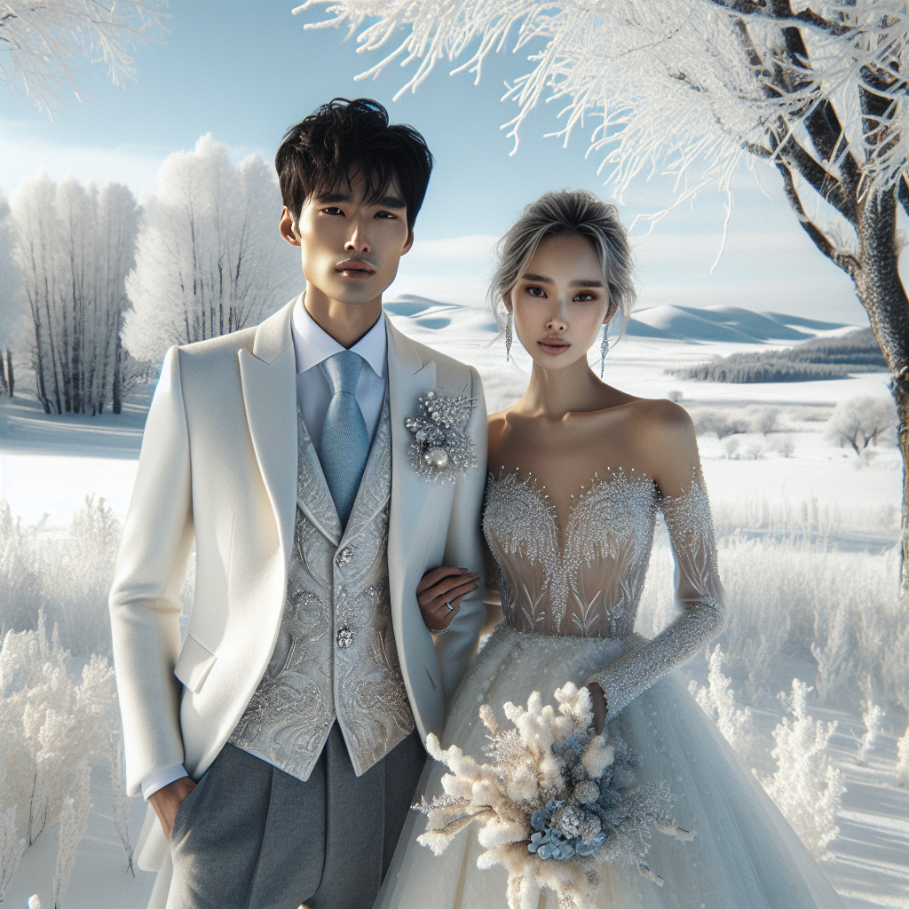 Picture this: the serene landscape of a gorgeous winter setting. Bare trees are swathed in a soft coating of snow and the pale blue sky is lit by a weak, yet beautiful winter sun. In the midst of this, there are two people getting married. The groom, an Asian man, dressed elegantly in a sophisticated white suit with an intricate silver waistcoat. His tie is an icicle blue that matches the winter setting. The bride, a Caucasian woman, adorned in a stunning wedding dress with pearl embellishments, radiating an aura of elegance. Her outfit subtly alludes to the snowy backdrop, and her bouquet is a mix of frosted winter flowers. They both look effortlessly chic, truly embracing their winter wedding style.