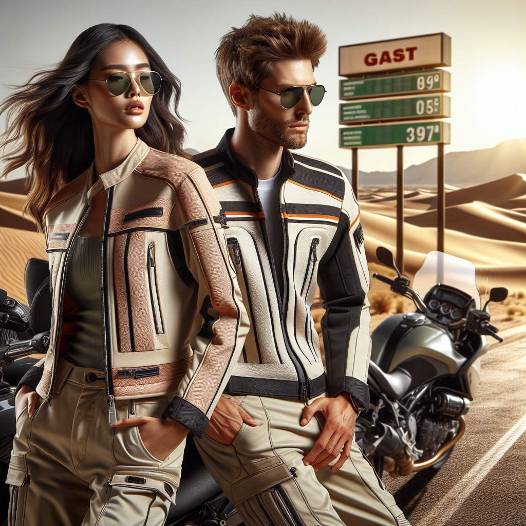 A visually rich and detailed scenario showcasing the must-have styles for hot weather motorcycle rides. The image should capture a sunny day with clear skies and dry roads. In the foreground, present a South Asian female and a Caucasian male wearing lightweight, vented riding jackets, breathable riding pants, open face helmets, and sunglasses, thus fulfilling the safety and style needs. Both should be leaning against their gleaming touring motorcycles. The background should display a vast desert dune view symbolizing the hot weather, with a gas station sign in the far distance. Make sure to maintain the vibe of freedom offered by motorcycling.