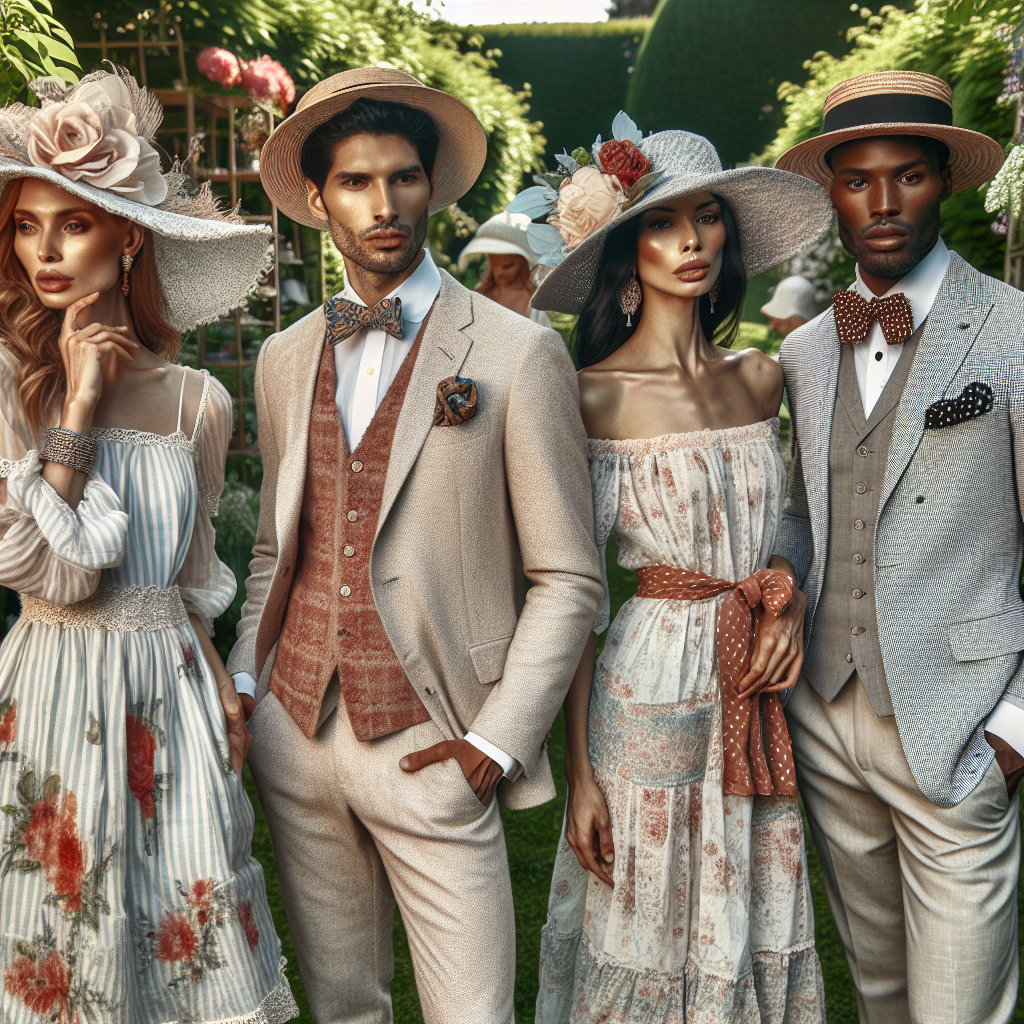 Stunning Garden Party Outfits: Effortless Elegance Unveiled Beautiful garden party scene where four individuals exhibit dazzling and effortlessly elegant outfits. A woman of South Asian descent wearing a delicate floral dress has an intricate handmade hat, while a Hispanic man in a light linen suit enhances his look with a bow tie. A Middle Eastern woman in a breezy caftan dress completes her look with beaded jewelry. Lastly, a Black man is wearing a perfectly tailored seersucker suit with an interesting polka dot pocket square. They are all surrounded by the natural beauty of a garden, with blooming flowers and lush greenery.