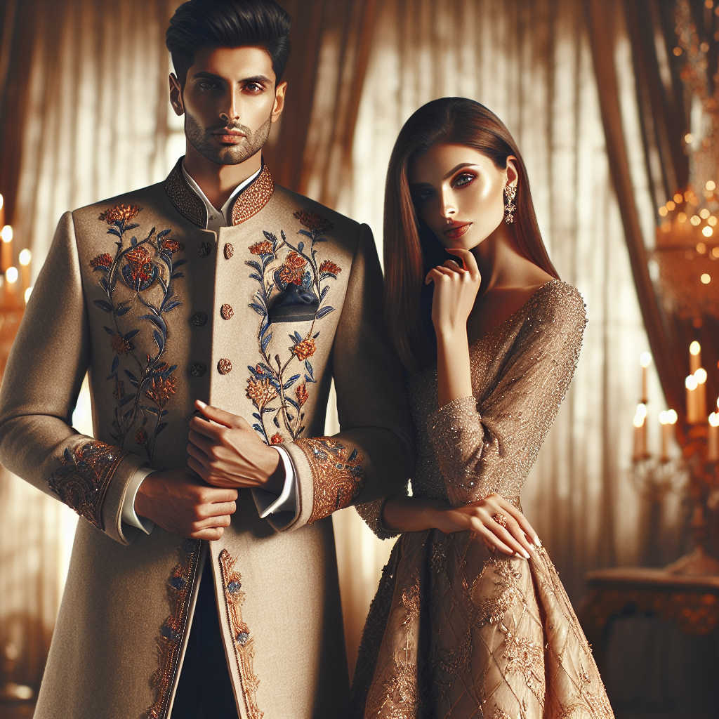 Stunning February Wedding Outfits: Effortlessly Chic Visualize a stunning wedding scene set in February. Within this scene, focus on the portrayal of two guests, one a South Asian male and the other a Caucasian female, both excellently dressed in chic and sophisticated wedding attire. The man is wearing a richly embroidered sherwani, symbolic of his culture, while the woman is adorned in a stylish and classy dress, perfect for the winter weather. They are both looking elegant and effortlessly trendy, blending traditional and modern aesthetics. The background reflects a warm and inviting wedding ambiance, touched by the charm of winter.