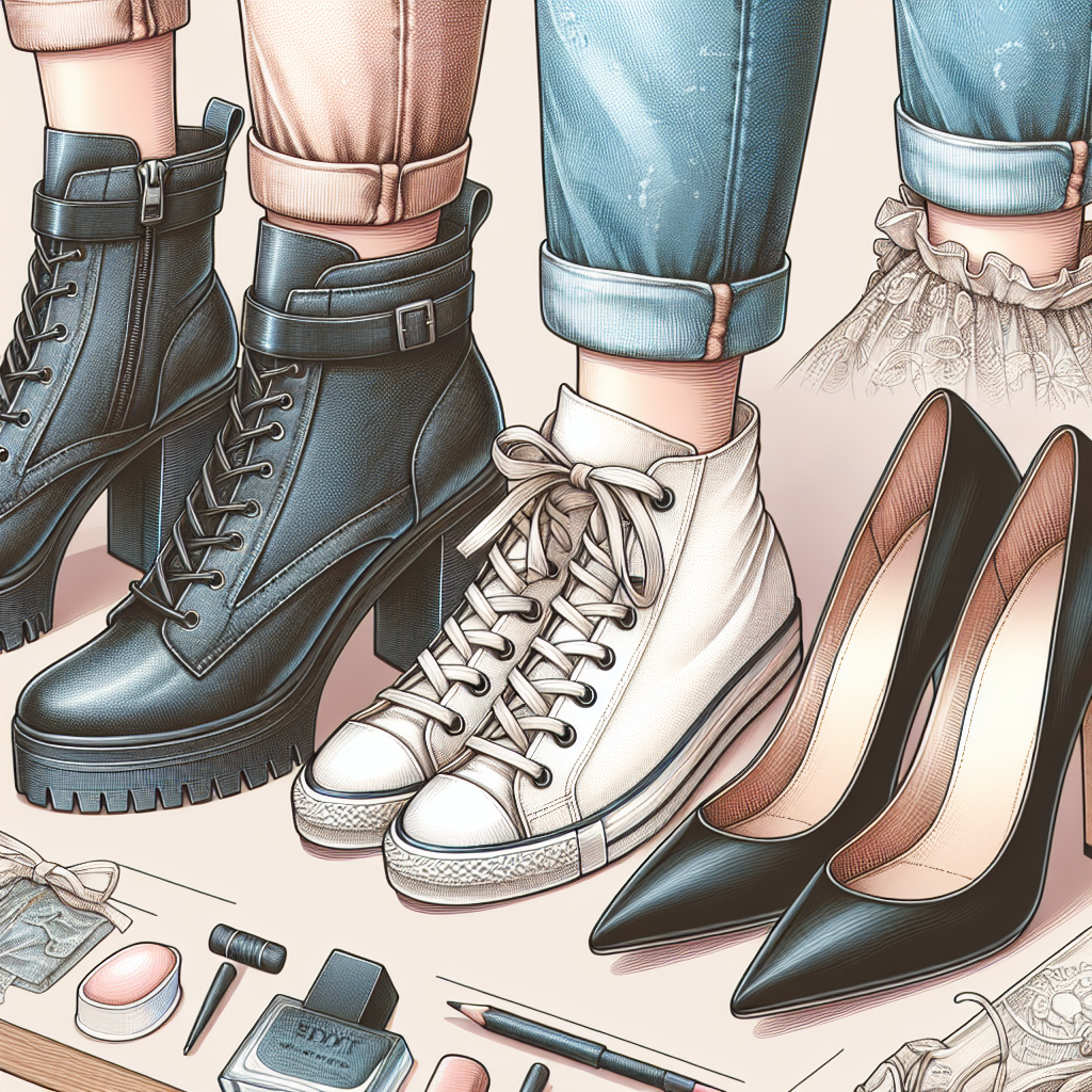 Stunning Choices: Best Shoes for Jean Dresses A detailed and intricate illustration of three pairs of ideal shoes for jean dresses displayed side by side. The first pair is a set of sleek, black leather ankle boots with chunky heels, illustrating a modern and edgy look. The second pair are a classic pair of white canvas sneakers symbolizing a comfortable and casual style. The third pair are a pair of elegant nude pumps that exude sophistication and classy style. The background of the image is a light pastel shade to accentuate the footwear, with subtle references to fashion icons and elements around.