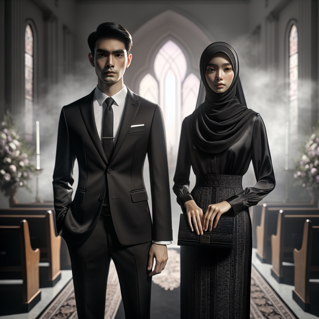 Stunning Funeral Attire: How to Dress Respectfully A meticulously curated display of respectful funeral attire: Envision a man in a neat black suit, white shirt, and a dark tie, encapsulating the essence of sobriety and respect. He is of Asian descent. Beside him, visualize a woman of Middle Eastern descent, adorned in a tasteful black dress with a modest neckline, coupled with a complementary black clutch purse. She embodies a blend of solemnity and elegance. Around these central figures, a hazy backdrop of a sombre church setting can be seen to complete the mournful yet refined tableau.