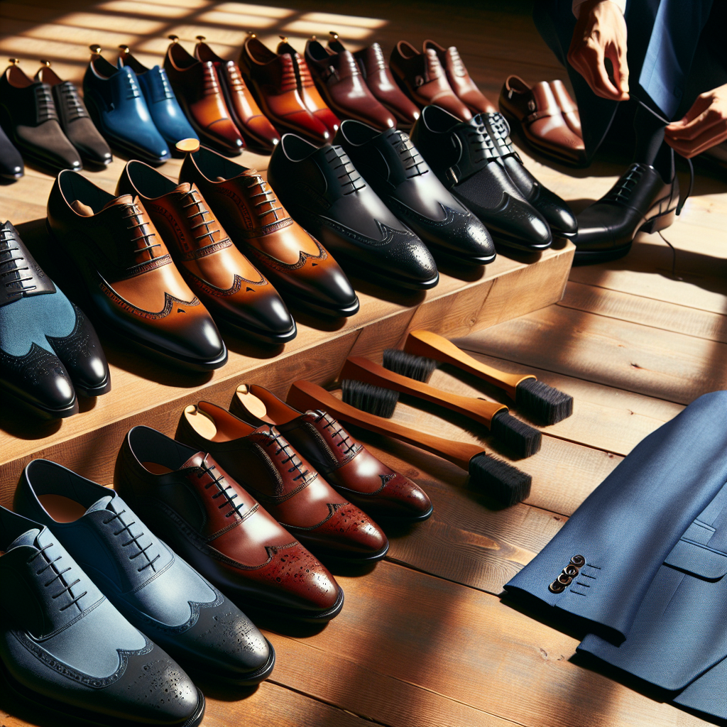 Perfect Pairings: Best Shoes for a Blue Suit On a sunlit, hardwood floor, aligned orderly in a row, a variety of stylish men's shoes suitable to pair with a blue suit. To the right, a sophisticated, navy blue, two-piece suit is draped on a wooden hanger. The shoes feature various styles such as oxford, brogue, monk strap, and loafers. They exhibit a spectrum of colors from classic black, to varying shades of brown, and even a daring burgundy. Among them, a white individual is seen tying the laces of a chestnut brown brogue shoe, while a Black individual is carefully polishing a deep black oxford shoe.