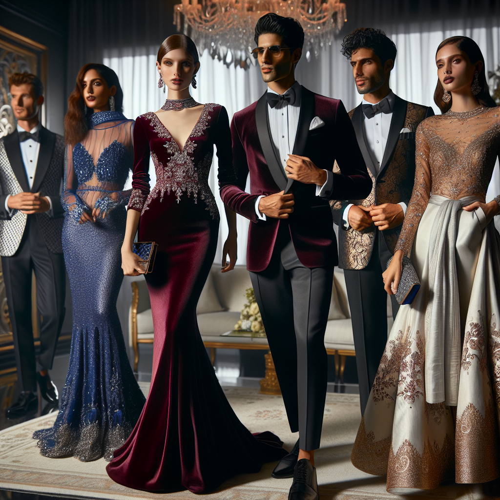 Imagine a luxurious gala event setting with various guests showcasing effortlessly chic attire. A Caucasian woman graces the room, wearing a floor-length burgundy embroidered velvet gown with Swarovski crystals sparkles brilliantly under the soft lighting. Close by, a Hispanic man in a modern and stylish matte-black tailored suit paired with a crisp white shirt and a silver tie catches the eye. A South Asian woman is seen wearing a fusion saree gown in royal blue, perfectly blending tradition and modern fashion. A Middle-Eastern man exhilarates charm in a classic golden-embroidered white tuxedo, exuding elegance and sophistication. All the outfits highlight the high-fashion, glamorous event.