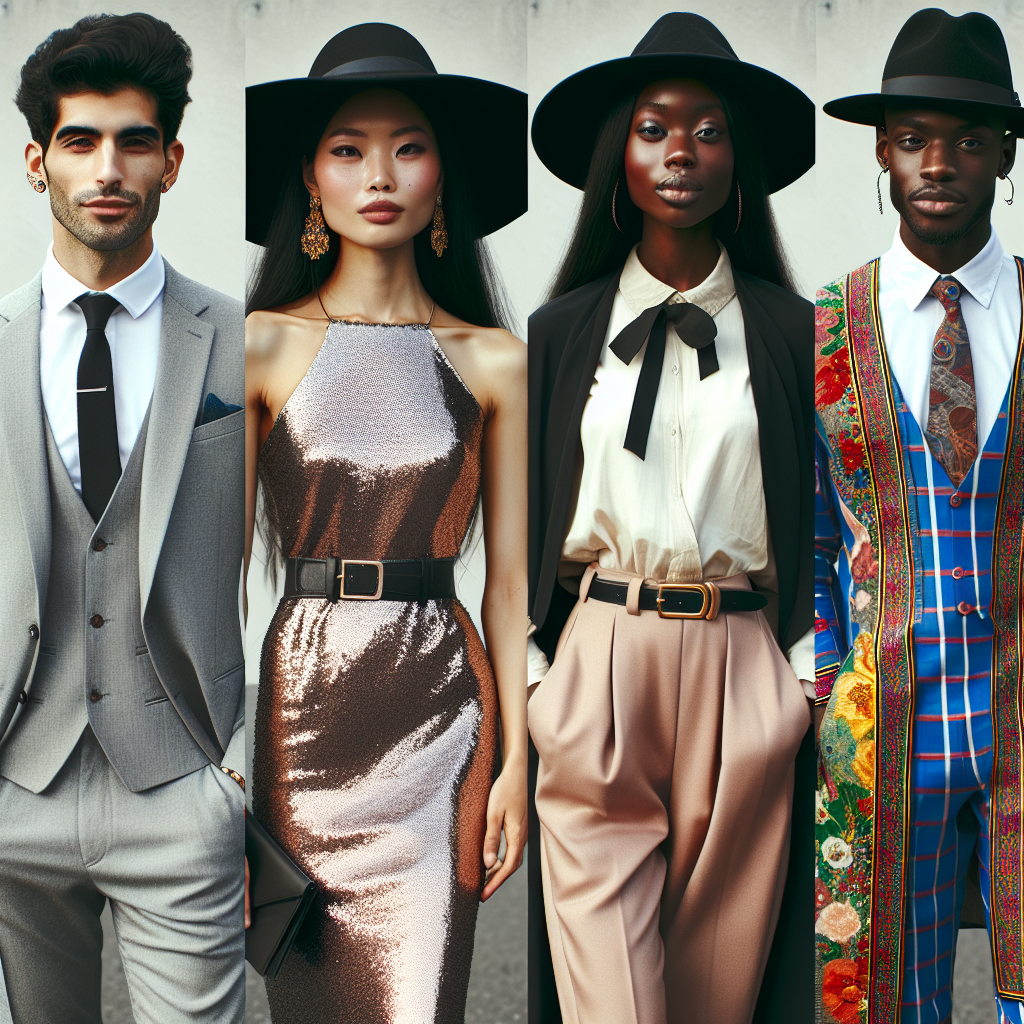 Create an image that showcases four individuals, each of different descents attending a graduation ceremony as guests. One individual, a Middle-Eastern male, is dressed in a smart casual suit with a tie. The second person, an Asian female, wears an elegant shimmering dress. The third person, a Black woman, is styled in a trendy jumpsuit with a hat. The fourth, a White man, is in a colorful traditional attire. The focus is on their diverse but suitable styles for this occasion.