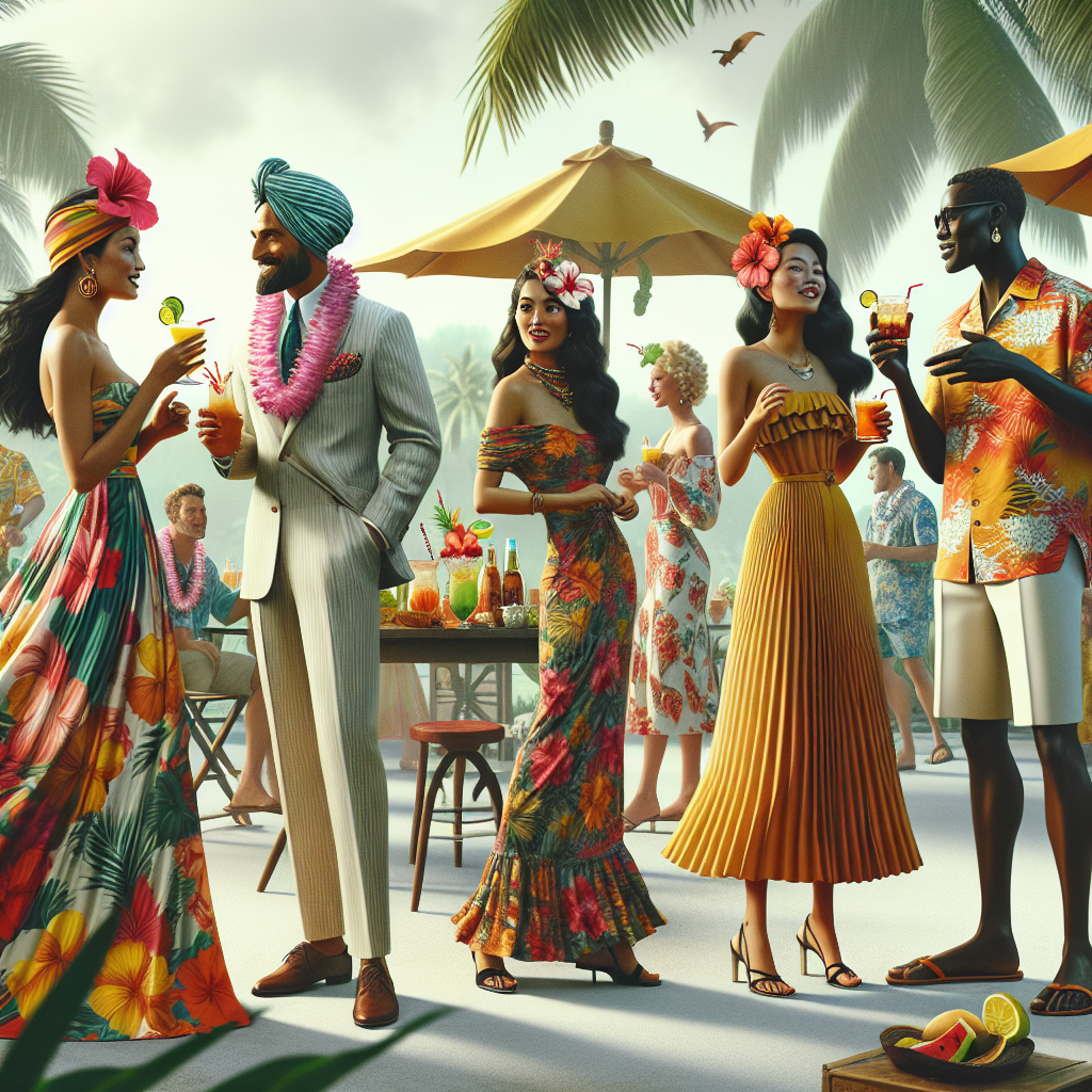 Stunning Tropical Party Outfits: Must-Have Styles! Imagine a scene of a tropical party where everyone is dressed in must-have styles that reflect the vibrant atmosphere. A South Asian woman in a bold floral maxi dress paired with a colorful head wrap is chatting animatedly with a Black man who's dressed in a lightweight linen suit with a hibiscus flower in the buttonhole. A Middle-Eastern woman in a fashionable ruffled sundress and a white man sporting a bold Hawaiian shirt with tailored shorts are mingling with the crowd. Palm trees, piña coladas, and tiki torches set the scene.