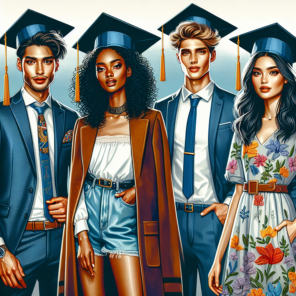 Visualize a vibrant scene of a college graduate party where four college graduates are celebrating their remarkable achievement. The first graduate, a Hispanic male, is donning a stylish suit with a neatly knotted tie, while the second person, an African female, shines brightly in her finely embroidered graduation gown. A South Asian male, the third person, is standing tall in his trending blue shirt paired with a suede brown jacket, and the final graduate, a Caucasian female, elegantly outfitted in a floral print summer dress. They all wear their graduation cap and gown with pride, exuding an air of success and accomplishment.
