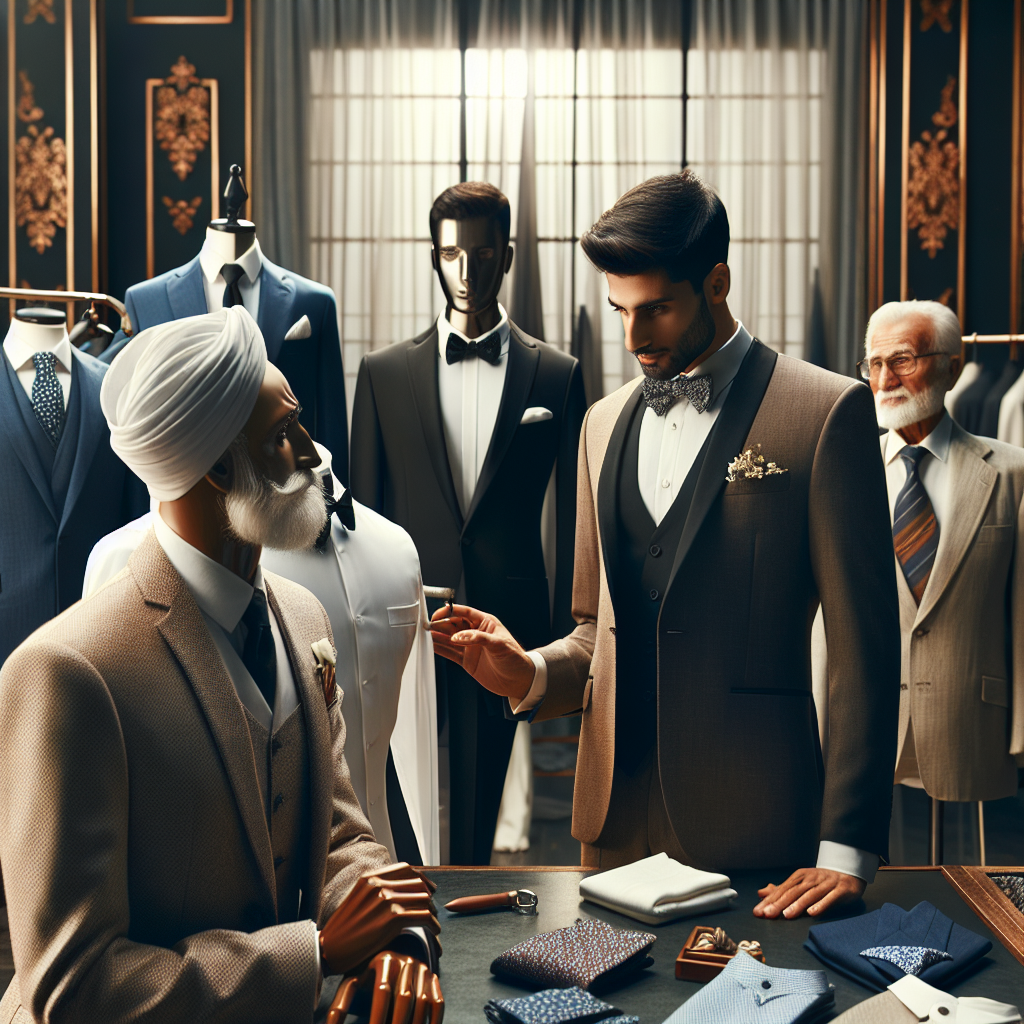Wedding Outfits for Men: Exclusive, Effortless Styles Visualize an elegant clothing store specialized in men's wedding attire. Display various styles and silhouettes on dressmaker's dummies, highlighting the breadth and quality of the selection. Showcase a sleek black tuxedo, a traditional white three-piece suit, a sharp navy blue suit with patterned ties, and a sophisticated khaki linen outfit for a beach wedding. Each suit is paired with coordinating accessories such as bow ties, pocket squares, and boutonnieres. In the foreground, a South-Asian gentleman with a fashionable beard is carefully considering a white pocket square, whilst an elderly Caucasian man is fitting a classic black tuxedo with the help of a professional tailor.