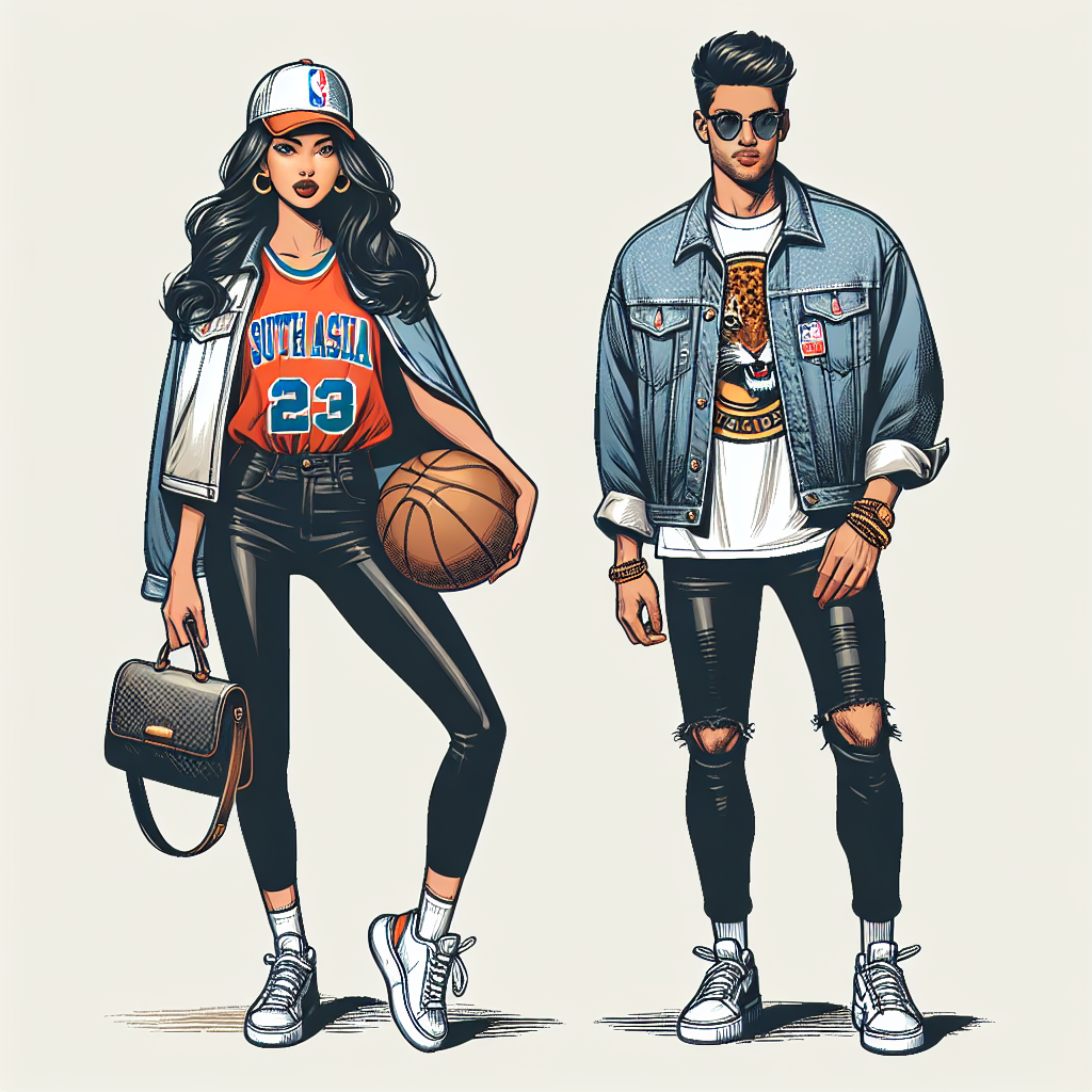 Create an image showcasing basketball inspired fashion, perfect for an NBA game. Depict a South Asian woman and a Hispanic man dressed stylishly, specific to an NBA event. The woman might be dressing in a favorite team jersey combined with fashionable jeans and white sneakers. The man could be wearing a statement snapback cap, a casual graphic tee celebrating the sport, layered with a cool denim jacket, black jeans and sporty footwear. This image should capture the energetic and spirited vibe of a basketball game while showcasing the chic game-night outfits.