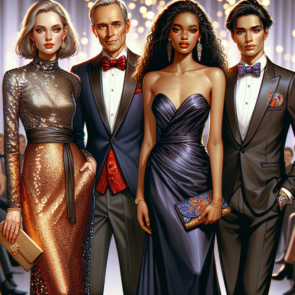 Stunning Fundraiser Outfits: Dress to Impress! Imagine a luxurious fundraising event. Depict a vibrant scene featuring four individuals with stunning outfits, each standing out in their unique style. One is a middle-aged Caucasian woman in a floor-length sequin dress with a matching clutch. Beside her is a young South Asian man in a tailored navy blue suit, complemented with a ruby red silk tie. Near them, a Black woman in her 30s wearing a sleek, high-necked satin gown is seen. Finally, a Hispanic man in a classic tuxedo, with colorful cufflinks for a touch of personality, completes the group. Notice the high-quality fabrics, intricate details and dazzling accessories.