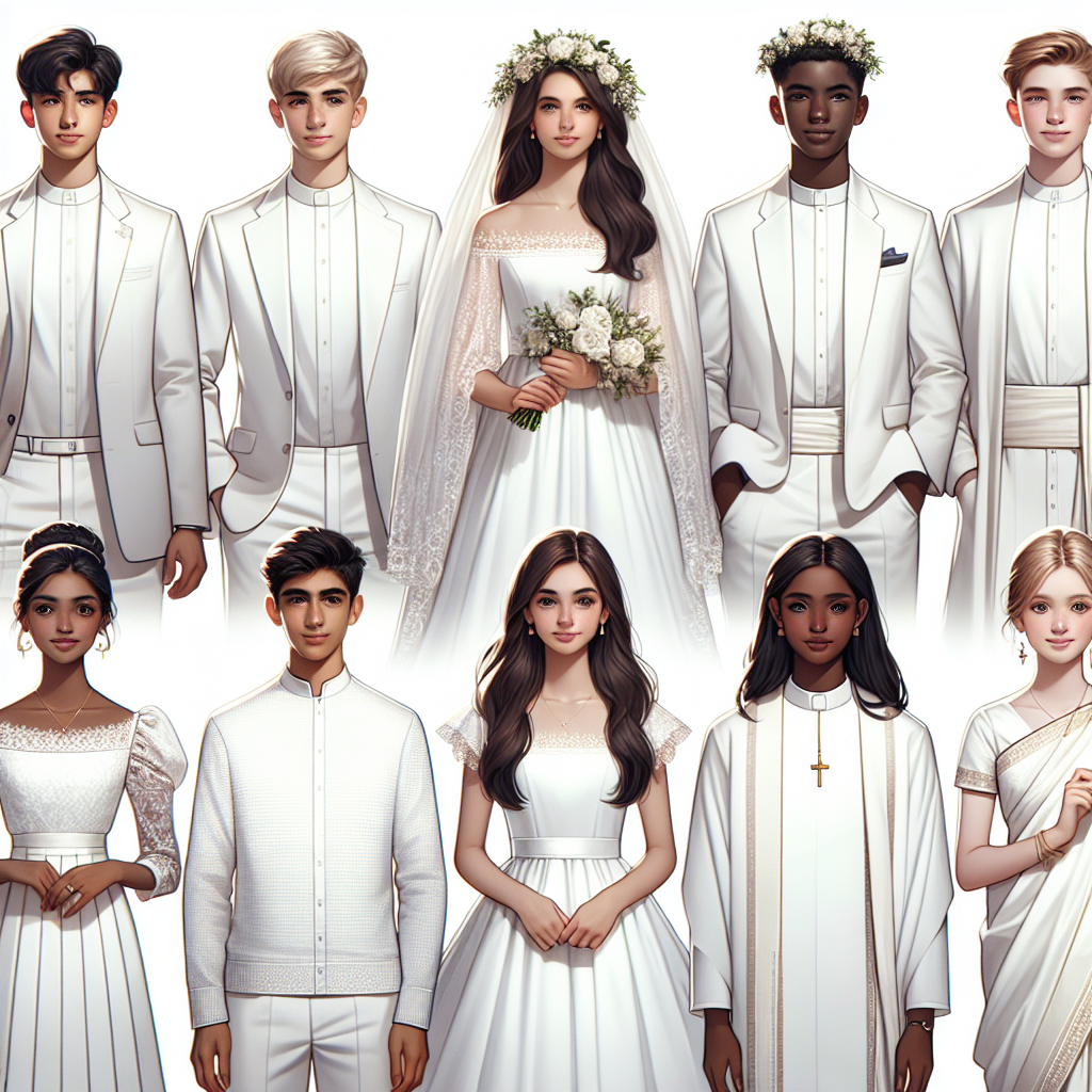 Stunning Outfits for Catholic Confirmations: Find Yours! Create an image demonstrating a variety of stunning, elegant, and traditional outfits suitable for Catholic confirmations. Visualize a selection of outfits, tastefully arranged in a spacious, bright setting with a sense of soft calm. Show an equal representation of boys and girls. Include a Caucasian boy in a classic white suit, a Hispanic girl in a beautiful white dress, a Black boy in a traditional white dress shirt and dark trousers, and a South Asian girl in a white saree. Each outfit should reflect the individuals' unique personalities while adhering to the conventional attire for such a sacred event.