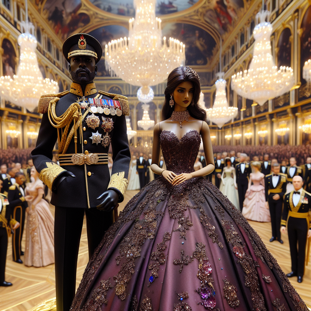A meticulously detailed scene of a military ball. In the foreground, a Black male officer in a regal, dark ceremonial uniform embellished with medals and decorations. Beside him, a South Asian female figure showcasing her elegance in an aubergine ball gown designed with intricate sequence and lace details. In the background, a grand ballroom filled with people in dazzling military attire, drenched in lavish gold and ivory decor, sparkling chandeliers dangling from the ceiling, and an ambience of refined sophistication pervading the atmosphere.