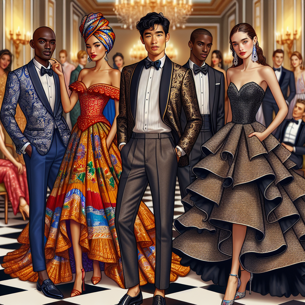 Stunning Quinceañera Outfits: Best Picks for Guests Detail an elegant scene of a quinceañera celebration, focusing on the attire of the guests. In the foreground, depict a South Asian man in a well-tailored suit paired with a colorful turban. Next to him, an African woman gracefully wears a traditional Kitenge dress with intricate patterns. To their side, a Hispanic woman shines in a beautiful flamenco dress decorated with ruffles. Further in the background, an Asian man can be seen wearing a sleek black tuxedo while a Caucasian woman stands next to him in a stylish cocktail dress. Capture the cheerful atmosphere of the party, enhanced by the variety of stunning outfits.