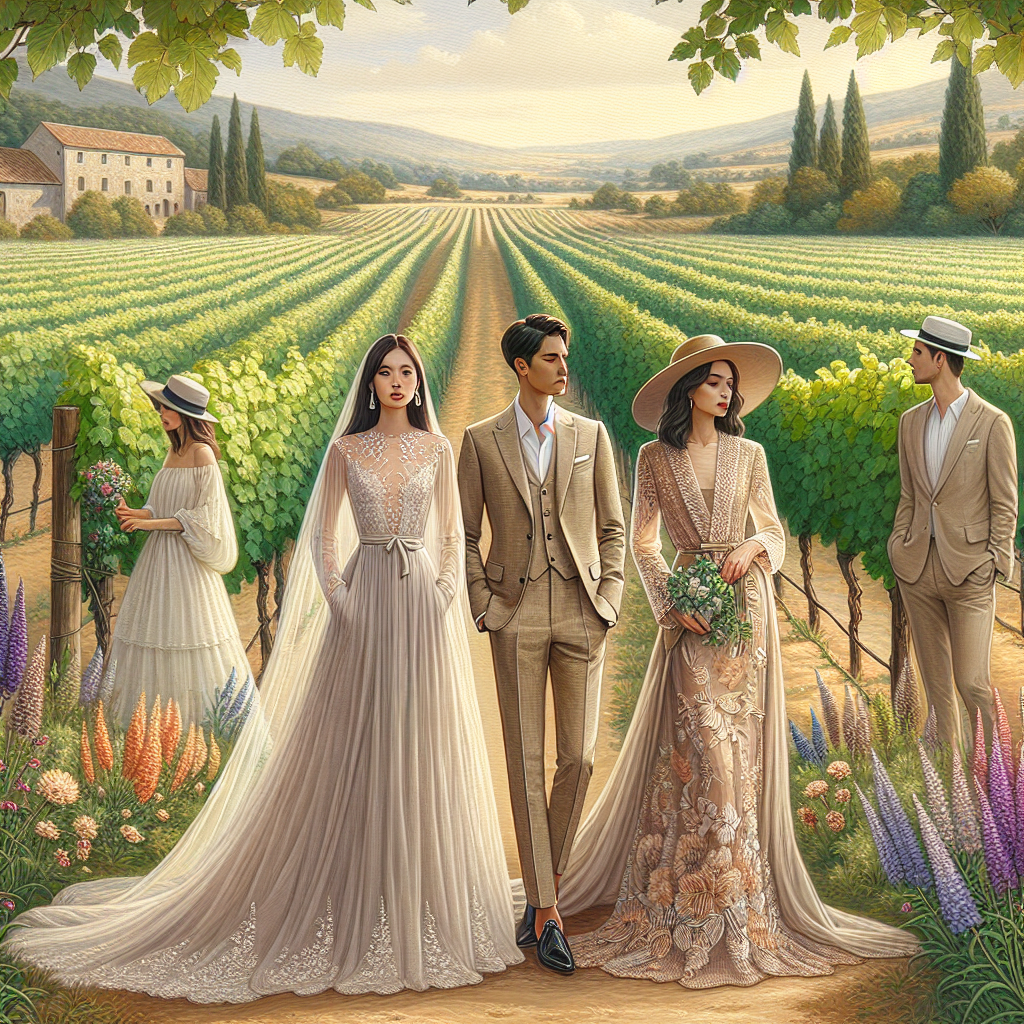 Envision a bucolic vineyard under the warm sun, rows of lush grapevines stretching into the distance. A wedding is about to take place. In the middle of the scene, you can see three individuals stylishly dressed for the occasion. One person is an East Asian woman draped in an elegant, floor-length chiffon gown in a pastel color, her hair styled into soft waves. Standing next to her is a Middle-Eastern man wearing a classic taupe linen suit, paired with a crisp white shirt. Lastly, there's a Hispanic woman showcasing a chic cocktail dress with intricate lace detailing, paired with a fashionable wide-brimmed hat. Paint this picturesque scene in full detail.