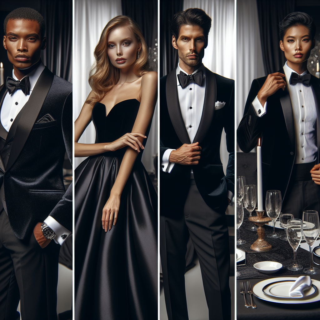 A sophisticated evening scene featuring a well-dressed group of individuals demonstrating black tie fashion essentials. An African descent man wearing a finely crafted black tuxedo with satin lapels, a white shirt, and a crisp black bow tie. A Caucasian woman in a stunning floor-length evening gown radiating elegance. A South Asian man displaying a debonair look in a resplendent black velvet dinner jacket, matching bow tie, and a noticeable pair of cufflinks. Lastly, a Hispanic woman in a stylish black cocktail dress with sparkling jewelry. A beautifully set, formal banquet table nearby suggests a grand affair.