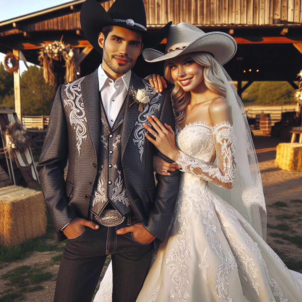 A beautiful cowboy-themed wedding scene is needed. The groom, a Hispanic man, is wearing a well-tailored charcoal grey western suit with intricate silver thread embroidery, complemented by a matching wide-brimmed cowboy hat tipped slightly forward. The bride, a Caucasian woman, is glowing in a white traditional wedding gown adorned with delicate cowboy boot lace detailing, paired with a stylish pair of matching cowgirl boots. Both of them are smiling, radiating happiness on their special day. The backdrop is filled with wooden barn decor, hay bales, and rustic charm, typical of a cozy western wedding. Set in an outdoor setting with a beautiful sunset.