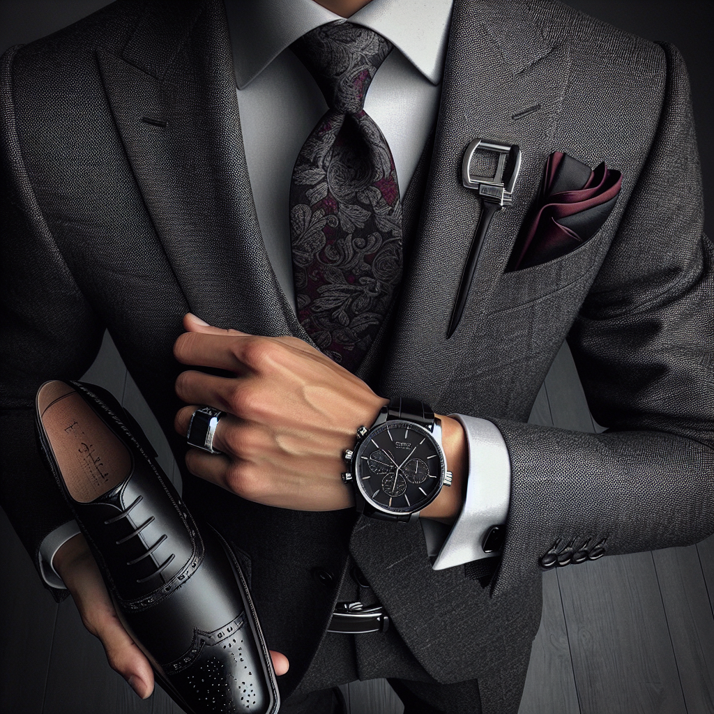 Imagine a well-dressed man of Asian descent, enhancing his charcoal grey suit with a set of essential accessories. Picture a wrist adorned with a luxurious watch featuring a silver design, a silk pocket square neatly tucked in the breast pocket of his suit, displaying a splash of contrasting color, perhaps a rich burgundy. Visualize a sleek, black leather belt cinching his waist, and a pair of polished, black oxford shoes supporting his stance. The tie he wears could exhibit a bold pattern, in a color that complements the greys in his suit. These additions complete the sophisticated ensemble, embodying absolute style perfection.
