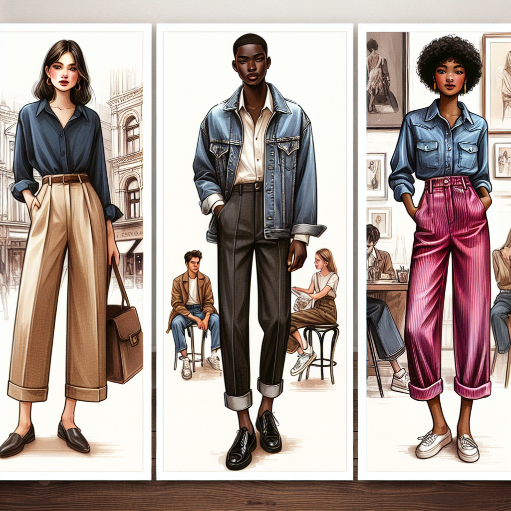 Illustrate an ensemble which includes must-have trousers ideal for pairing with a denim jacket. Showcase a variety of three outfits, each featuring a unique and fashionable pair of trousers. The first should be chic and casual, with a Caucasian woman wearing soft cotton khakis paired with a classic blue denim jacket. The second tableau portrays a confident South Asian man with tailored black jeans complementing a distressed denim jacket. For the third tableau, present a youthful and trendy vibe with a Black woman wearing vibrant, high-waisted corduroy pants paired with a cropped denim jacket. The background for each could be places they might wear these outfits, like a coffee shop, a music gig, or a vintage store.