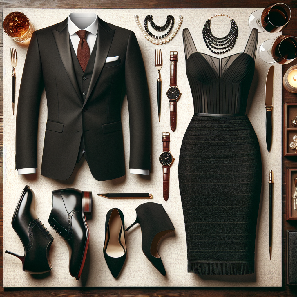 Must-Have Outfits for Ruth's Chris: Dine in Style A layout featuring elegant must-have outfits for fine dining, specifically envisioned for a venue such as a high-end steakhouse. It includes formal attire for both men and women. For the gentlemen, a sleek black suit paired with a crisp white shirt and a classy red tie. For the ladies, a chic black cocktail dress complemented by a dazzling pearl necklace. Both outfits are paired with polished leather footwear. The ambiance suggests an upscale and sophisticated dining experience.
