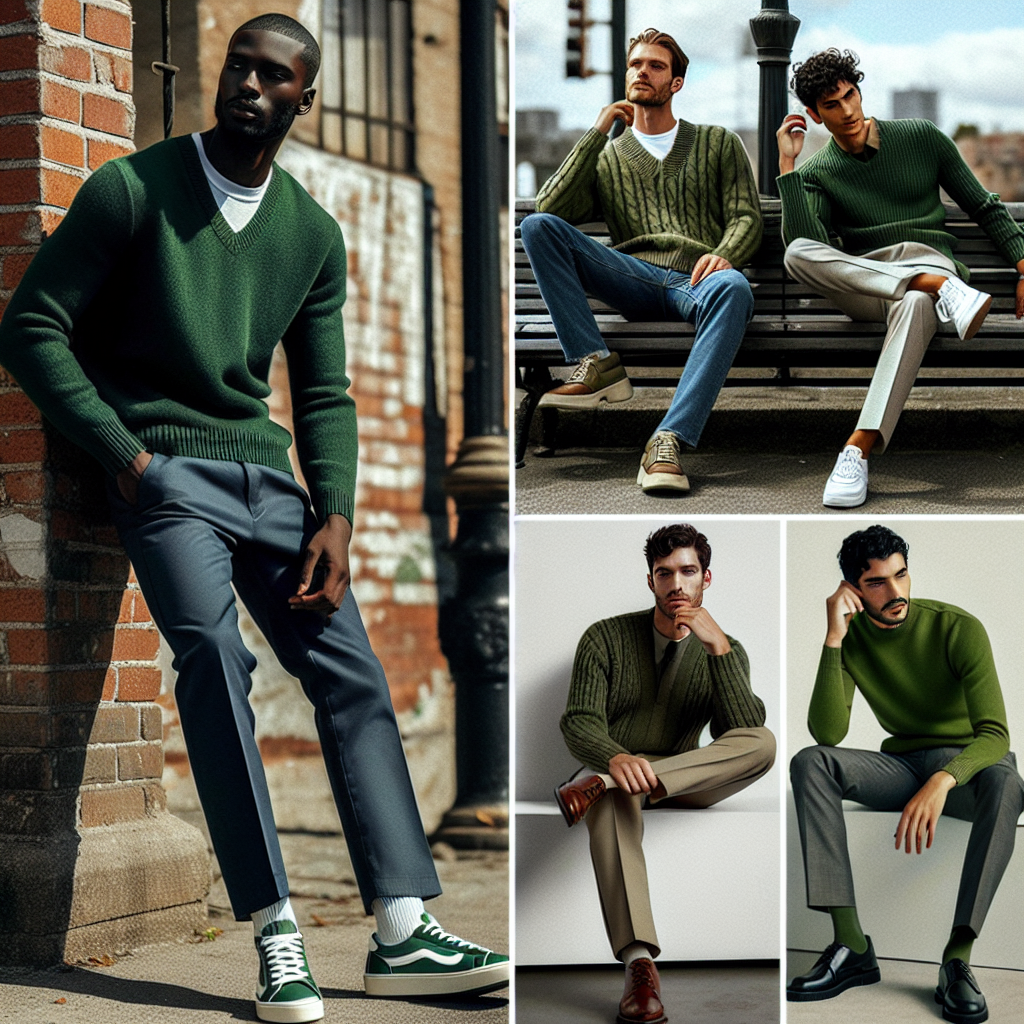 Stunning Outfits with Green Sweaters for Men Visualize a fashion spread illustrating various styles and looks incorporating green sweaters for men. Picture one man of Black descent casually dressed in a forest green V-neck sweater paired with dark blue jeans and white sneakers, leaning against a brick wall. In the next image, imagine a Caucasian man wearing an olive green cable knit sweater, with brown chinos and loafers, sitting on a bench in a park. In another scene, visualize a Middle-Eastern man sporting a lime green sweater with a pair of charcoal grey dress pants at an urban setting. Each man expresses their unique style and personality with their outfit.