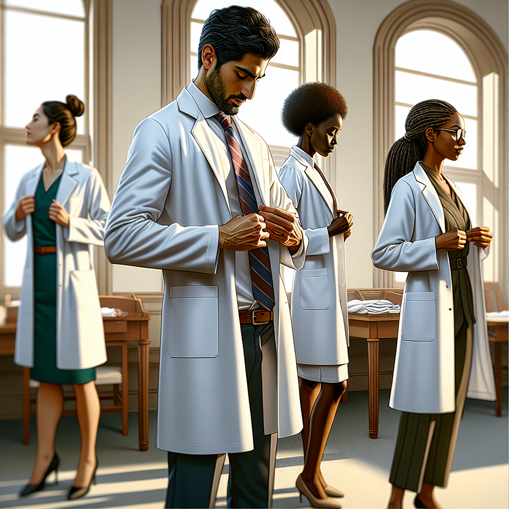 Visualize a highly detailed image showcasing a diverse array of individuals preparing for a white coat ceremony. This scene includes a Middle-Eastern man adjusting his tie, a Black woman standing proudly in her white coat and a Hispanic woman checking the fit of her coat. The outfits are elegant and professional, complementing the significance of the ceremony. The room is filled with a mixture of excitement and a sense of accomplishment as each individual gets ready to embark on their journey in the medical field.