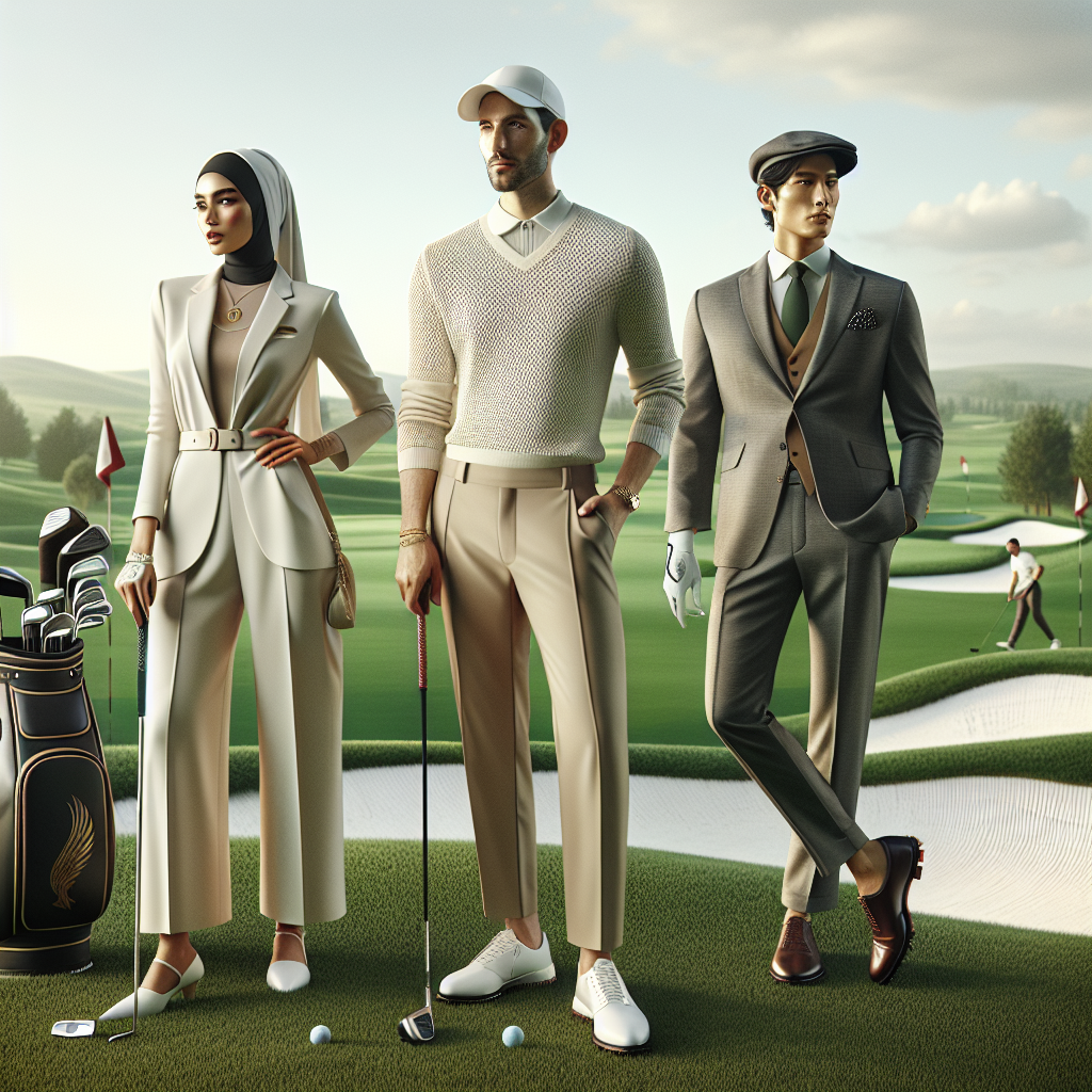 Visualize a stylish golf course with players dressed in chic golf attire. Picture three individuals in the middle of their game: a Middle-Eastern woman wearing a polished, modern golf outfit; a Caucasian man in a classic, tailored golf uniform; and a South Asian man adorning a fusion of traditional and contemporary golf wear. Around them, impeccably manicured green fields gleam under the soft sunlight, with sand traps adding contrast. Golf bags brimming with assorted clubs, hinting at the essential tools every player should have. Create this scene in a photorealistic style.