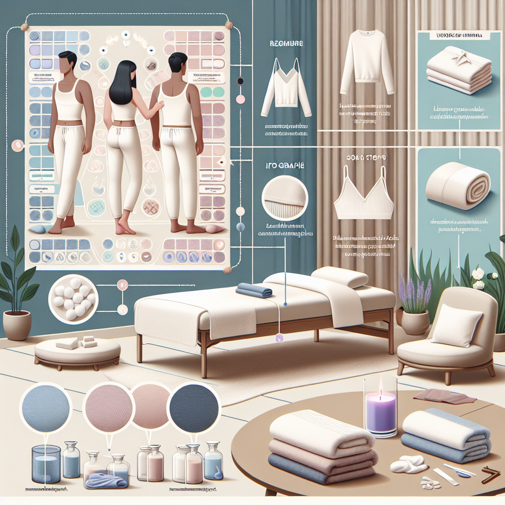 Visualize a concept of a serene, spa-like setting with a massage table set up with fluffy white towels. Include an assortment of recommended clothing items for a deep tissue massage such as loose, comfortable yoga pants and a soft tank top, preferably made of breathable fabrics, folded neatly beside the table. Also display user-friendly infographics and pointers around them, highlighting the soothing shades and qualities. Include another corner of the room with soothing ambient elements like a lavender-scented candle and a small white noise machine to represent the relaxing environment. Also, show a Caucasian male masseuse and a South Asian female client discussing the process.