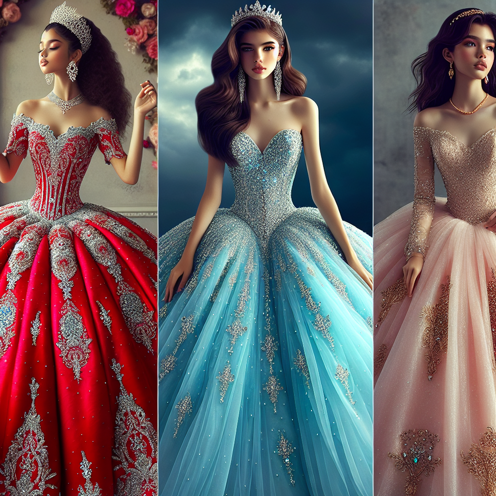A dazzling display of three stunning outfits perfect for a Quincea&ntilde;era celebration: 1) A Hispanic teenager wearing a traditional, voluminous bright red ball gown, adorned with intricate silver beadwork and paired with a silver tiara. 2) A Caucasian teenager in an ocean blue mermaid-style gown with a sequined bodice and tulle skirt, finished with a string of pearls. 3) A South Asian teenager in a pastel pink A-line dress, decorated with subtle golden embroidery and complemented with a golden hair-accessory. Each outfit exudes elegance, making any of them a perfect choice for a Quincea&ntilde;era.