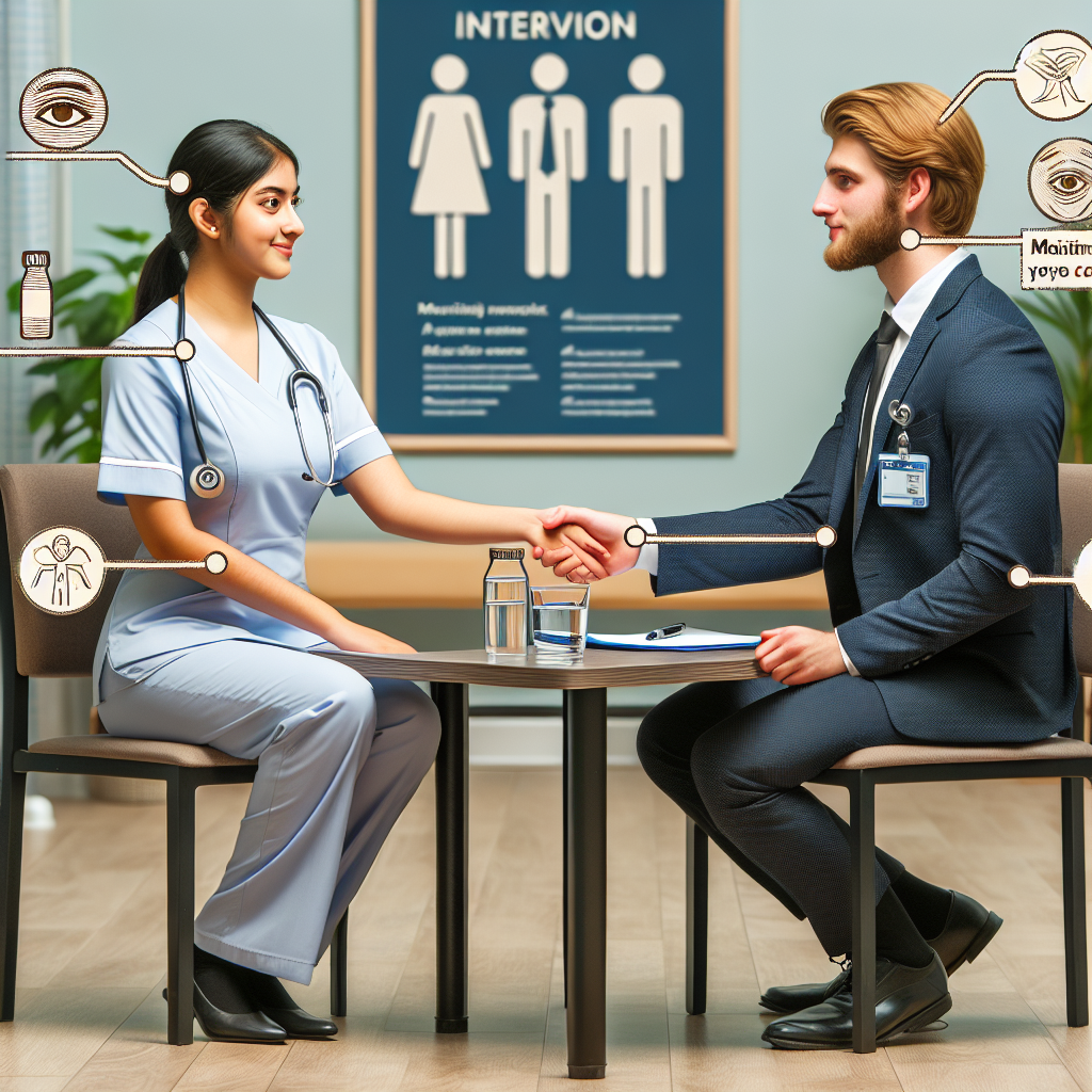 Picture a hospital scene where a South Asian female nurse, dressed professionally in a neat uniform, is maintaining a positive body language during an interview with a Caucasian male interviewer. The interviewer is seen holding a notepad, engaged in the conversation. The table between them holds a glass of water for each, and the nurse's resume can be seen prominently. Diagrammatic instructions like maintaining eye contact, a firm handshake, relaxed posture, come to life around them as illustrations. The backdrop is a calm and quiet hospital ward.