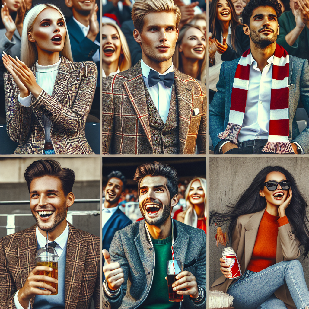 Stunning Outfits with Tweed Blazers for Game Day! Picture a collage of stylish people of all genders and descents at a sporting event. In the top corner, an elegantly dressed Caucasian woman, her blonde hair in a ponytail, is applauding enthusiastically, wearing a well-fitted tweed blazer and a team scarf. Next to her, a fashionable Hispanic man, sporting a modern hairstyle, is grinning widely as he stares at the game, his tweed blazer and dark jeans making him stand out. On the other side of the collage, a woman of South Asian descent is laughing, a soda in her hand, wearing her tweed blazer over a casual sundress. There should be vibrant colors, and the energy and spirit of game day should fill the image.