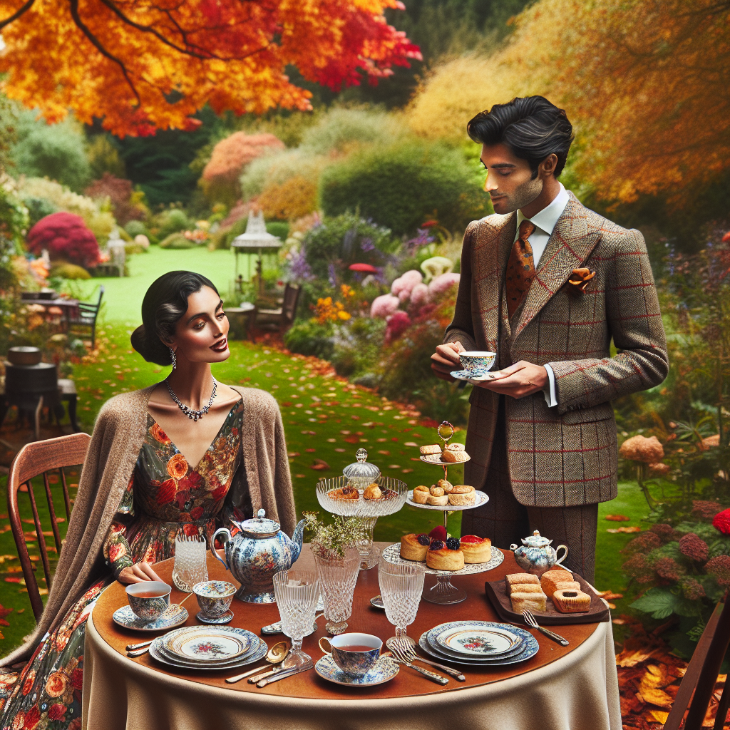 A vibrant and peaceful autumn scene for a delightful tea party. The setting is an outdoor garden beneath the trees with changing leaves. A circular wooden table is set with an elaborate tea set, crystal cut glasses, and delicate porcelain plates. On the table, there is an assortment of tea-time treats like scones, sandwiches, and sweet pastries. A fashionable woman in a tasteful floral dress paired with a warm cardigan is seated. She is a Hipsanic woman, her hair pulled back in a classic updo. A South Asian man in a tailored tweed suit, a tie with subtle fall tones stand talking and laughing. The surrounding scenery shows the crisp, changing colours of the season, adding a sense of beauty and peace to the scene.