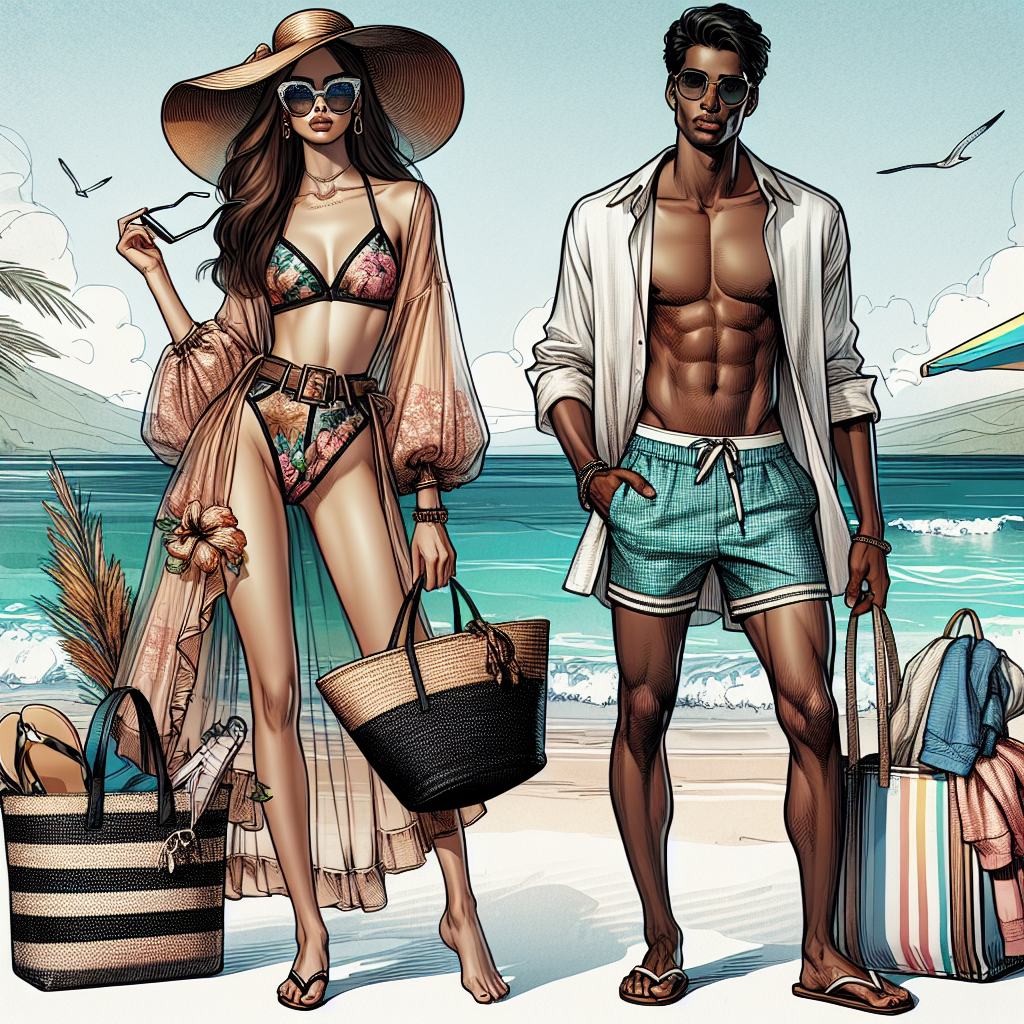 Depict a fashion-forward scene at a beachside. A Hispanic woman is donning a chic, flowy beach cover-up over a colorful bikini, and a Black man, sporting trendy swim shorts along with a voguish linen shirt unbuttoned. Include accessories such as oversized sunglasses, straw hat, and a fashionable tote bag filled with beach essentials. Add context with a turquoise sea in the background, white sandy beach, and a colorful beach umbrella. Remember to communicate the elegance and sophistication of the scene.