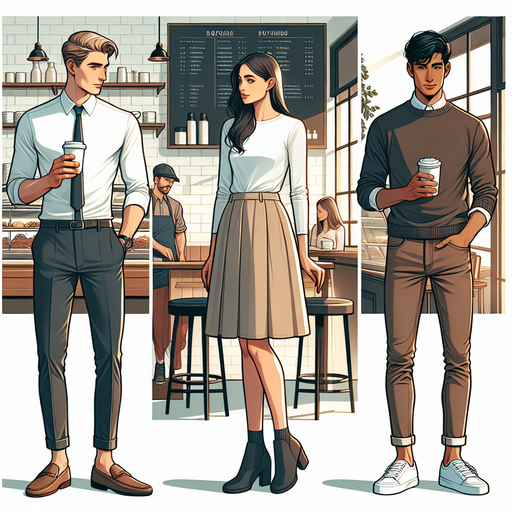 Create an image for an article about ideal clothing for barista interviews. The scene should include three individuals standing in front of a café backdrop. Illustrate a Caucasian male wearing slim fit trousers, a clean white shirt, and a pair of loafers. Next to him, show a Hispanic woman in a chic skirt, a neat sweater, and ankle boots. Lastly, portray a South Asian male, donning a dark pair of jeans, a casual button-down shirt, and comfortable sneakers. Ensure they all hold a coffee cup, depicting their passion for the job.