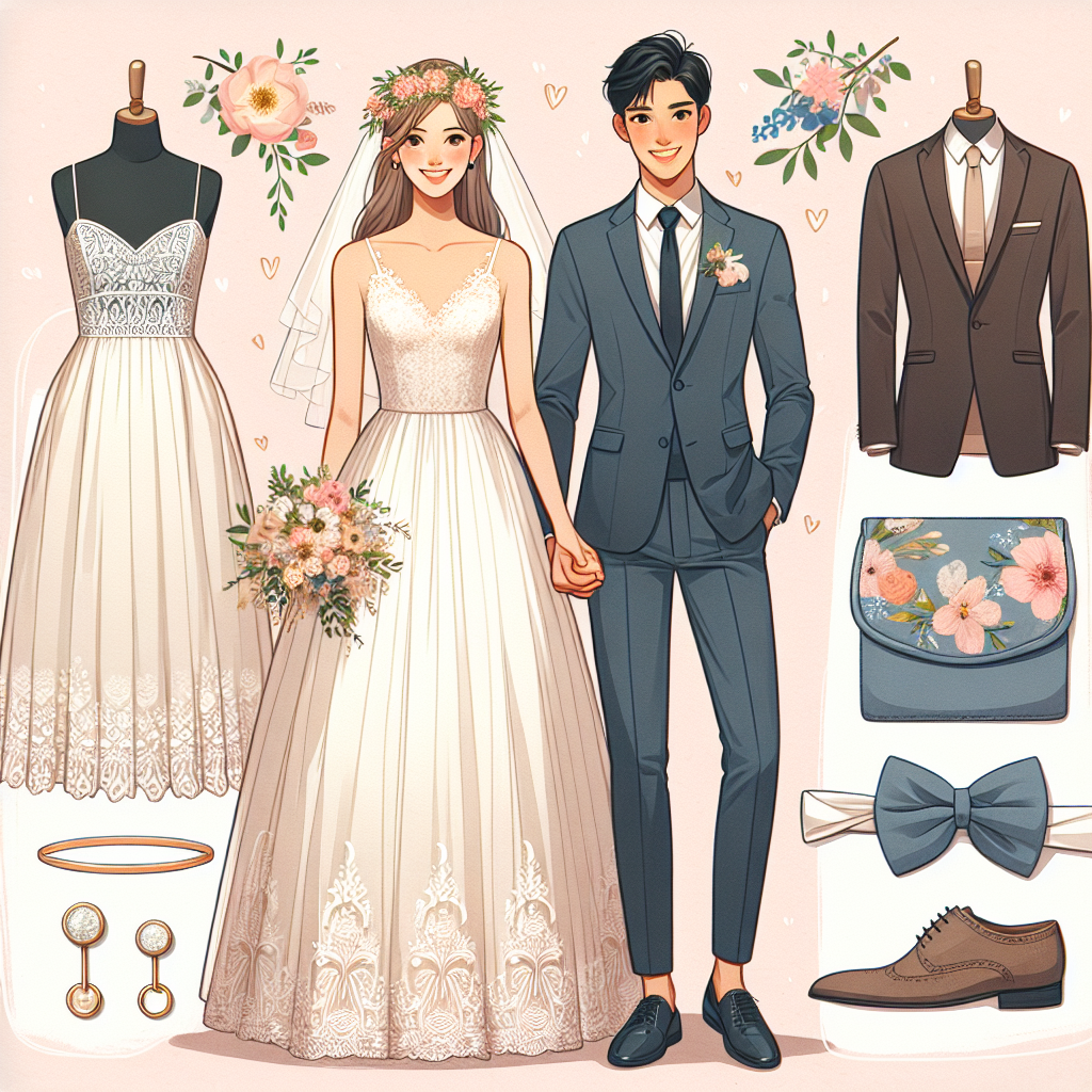 Wedding Attire Guide: Must-Have August Styles An image illustrating a detailed guide on must-have wedding attire styles for the month of August. Picture a beautifully presented layout on a pastel background with popular fashion items for weddings. For the brides, it showcases an elegant, sleeveless gown with lace details, perfect for the hot summer weather. For the grooms, there's a lightweight, slim-fit dark blue suit. There are also accessories like floral headbands for the bride, and a silk tie and cufflinks for the groom. To reflect diversity, depict a South Asian bride and a Hispanic groom looking delightfully at their respective outfits.