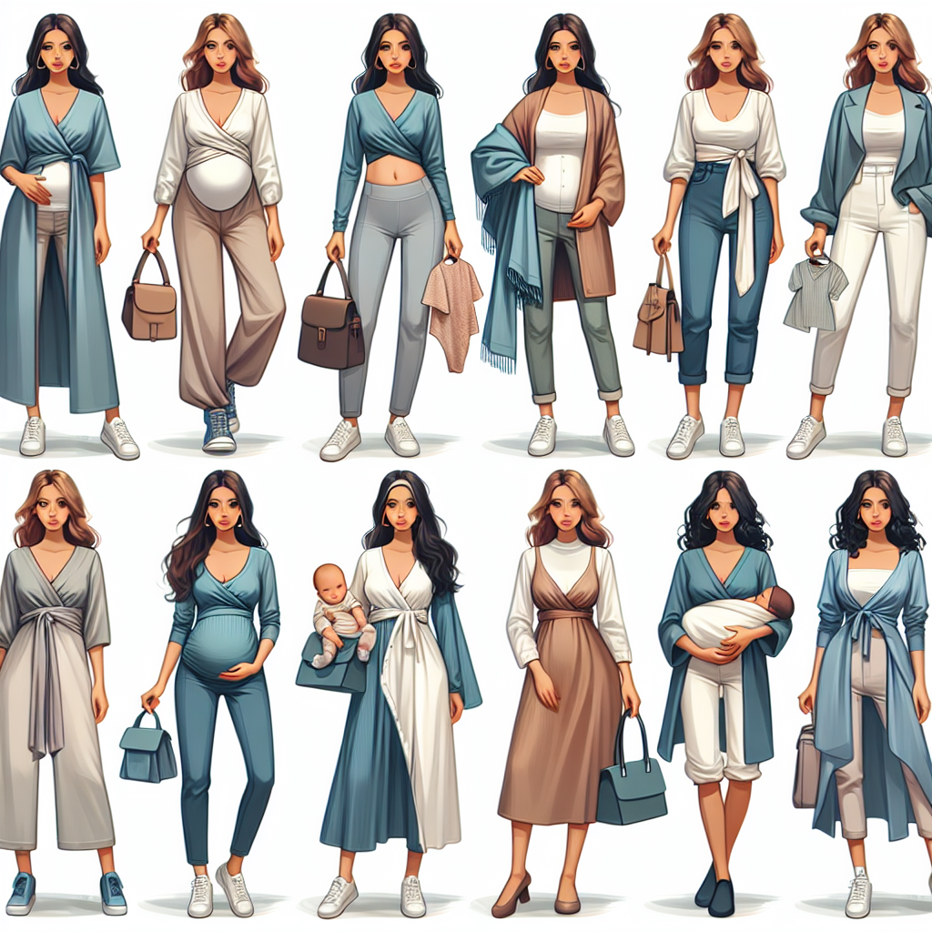 Depict an array of comfortable and stylish clothing choices suitable for someone after a C-section. Showcase a variety of pieces such as high-waisted leggings, loose-fitting tunics, wrap dresses, and button-up shirts, to make it easier for the individual to nurse their newborn child. Include a variety of accessories like oversized scarves and comfortable footwear which can complement these outfits. Make sure the outfits displayed are representative of various descents, like Middle Eastern, Hispanic, Caucasian, South Asian, and Black women, and embody an array of fashion styles, from casual to elegant.