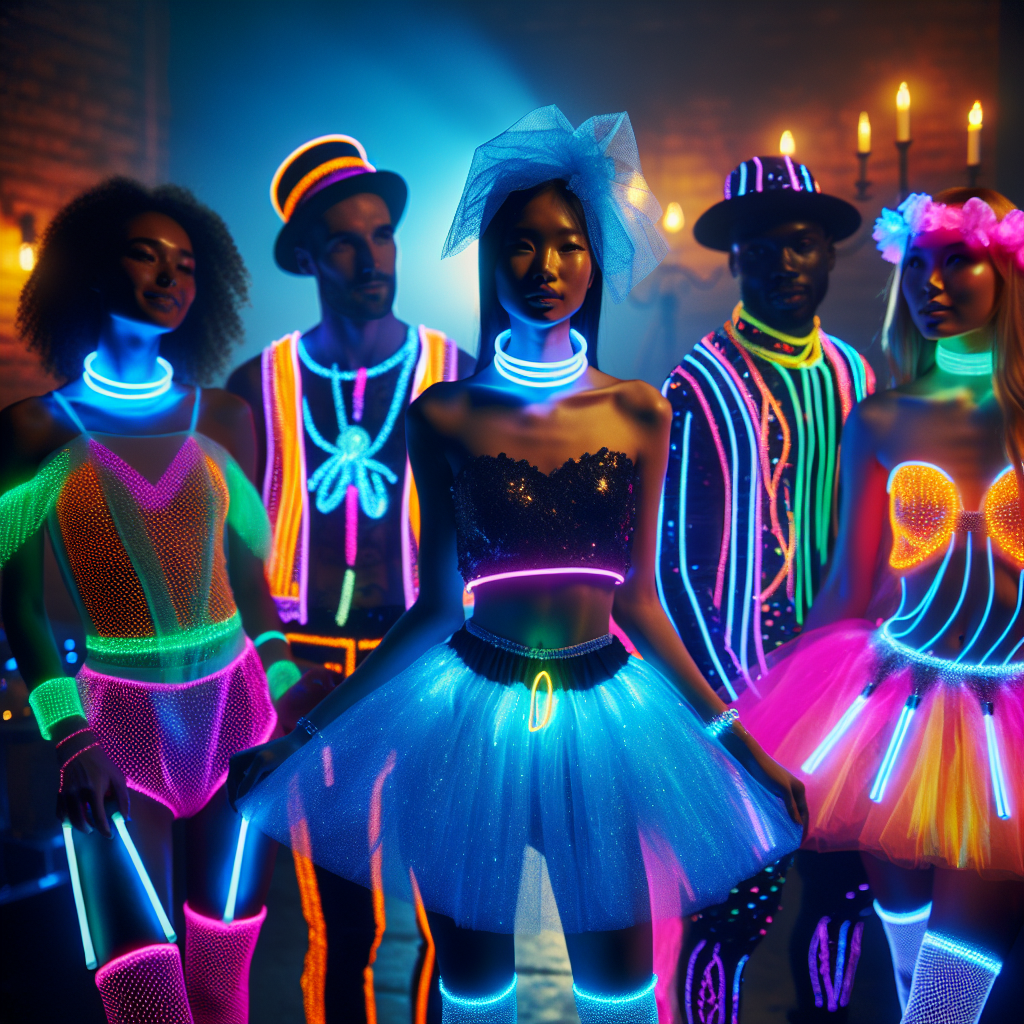 Stunning Outfits for Glow Parties: Find Your Shine! Visualize a vibrant and lively scene of a glow party. The setting is dimly lit, yet touched with the playful colorful light of glow sticks. There are several people in stunning outfits suited for this occasion. A Caucasian woman is wearing a neon glowing tutu with matching accessories. A Black man has an array of glow sticks adorning his outfit. A Hispanic woman is in glowing fabric that brings a dynamic lift to her outfit. An Asian man wears LED costumes, his clothing illuminating in various patterns. The atmosphere is joyful and energetic, filled with the awe-inspiring luminescence of the glowing outfits.