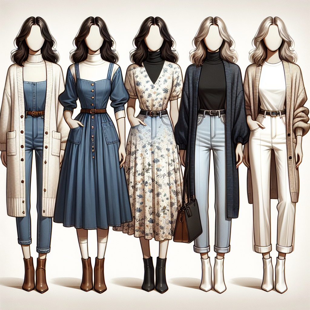 Picture this, a set of five stunning outfits, beautifully designed to be paired with a cream-colored cardigan. The first outfit consists of a blue denim dress, paired with brown ankle boots, and the cream cardigan. In the second outfit, visualize a black turtleneck with straight-leg jeans, and the cardigan to complement it. The third outfit includes a floral print midi dress, combined with the cream cardigan. The fourth and fifth outfits are chic winter and summer outfits respectively: the winter one with a gray turtleneck, black jeans, and the cardigan; the summer one with white linen trousers, a plain white t-shirt, and the cream cardigan draped over the shoulders. The outfits are displayed on five mannequins each of a different ethnicity: Caucasian, Hispanic, Black, Middle-Eastern, and South Asian.