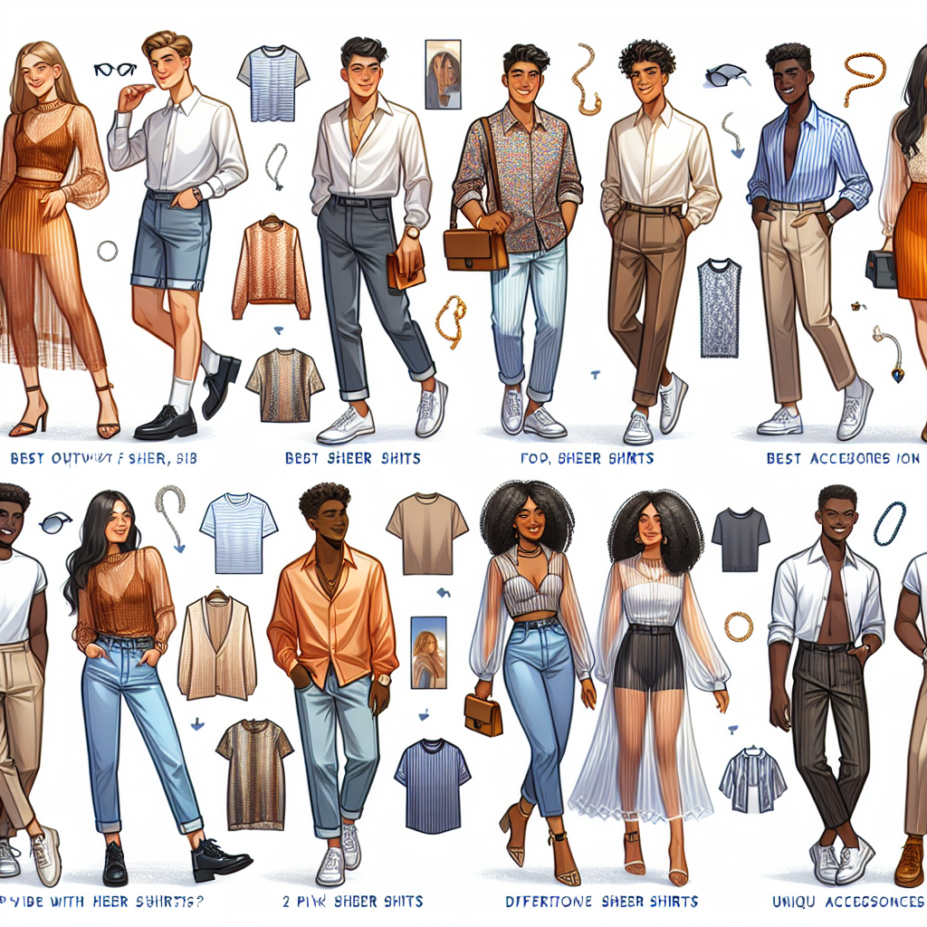 Must-Have Guide: Best Outfits for Sheer Shirts A collection of educational illustrations detailing the best outfits to pair with sheer shirts for various occasions. Showcase diverse individuals of different descents like Caucasian, Asian, Black, and Hispanic, both male and female. Depict a variety of ensembles, focusing on different styles and color coordination. Also, show unique accessories that can complement the look. The outfits should range from casual street wear to more formal attire, demonstrating how versatile sheer shirts can be. Content should be positive, inclusive, fashionable and insightful, providing readers with a comprehensive guide to stylling sheer shirts.