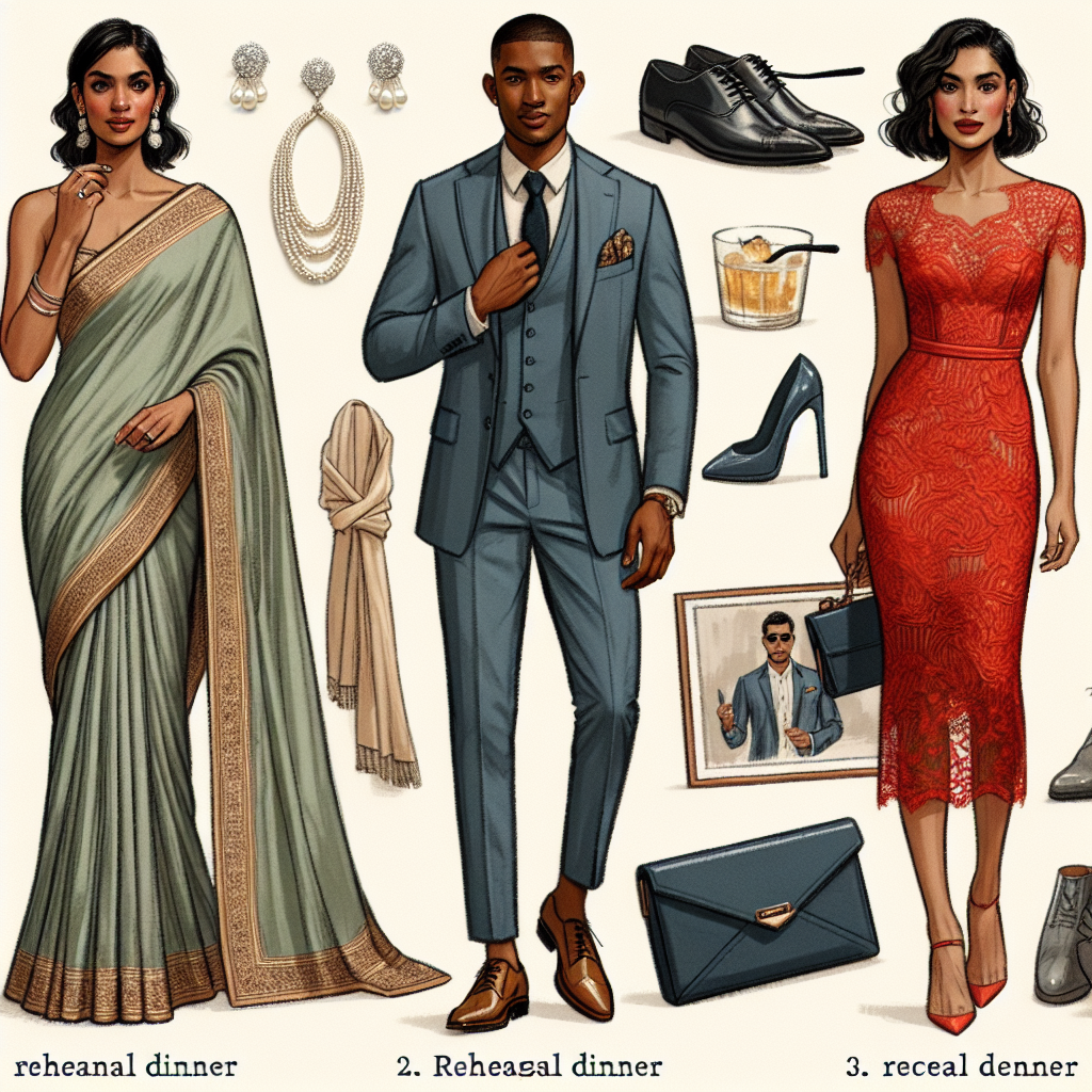 Stunning Outfits for Rehearsal Dinners: Find Yours! Imagine a curated selection of stunning rehearsal dinner outfits. First, envision a sophisticated South Asian woman in a sage green silk sari, with the borders embedded in gold. Next, picture a chic, handsome Black man wearing a tailored navy-blue suit with a patterned silk pocket square. Lastly, visualize a confident Hispanic woman in a fit-and-flare lace dress of a vibrant red shade. For each outfit, complementing accessories like pearl earrings, leather shoes, and a statement clutch are naturally included. Conjure an image that forms a coherent ensemble of these stylish attire choices.
