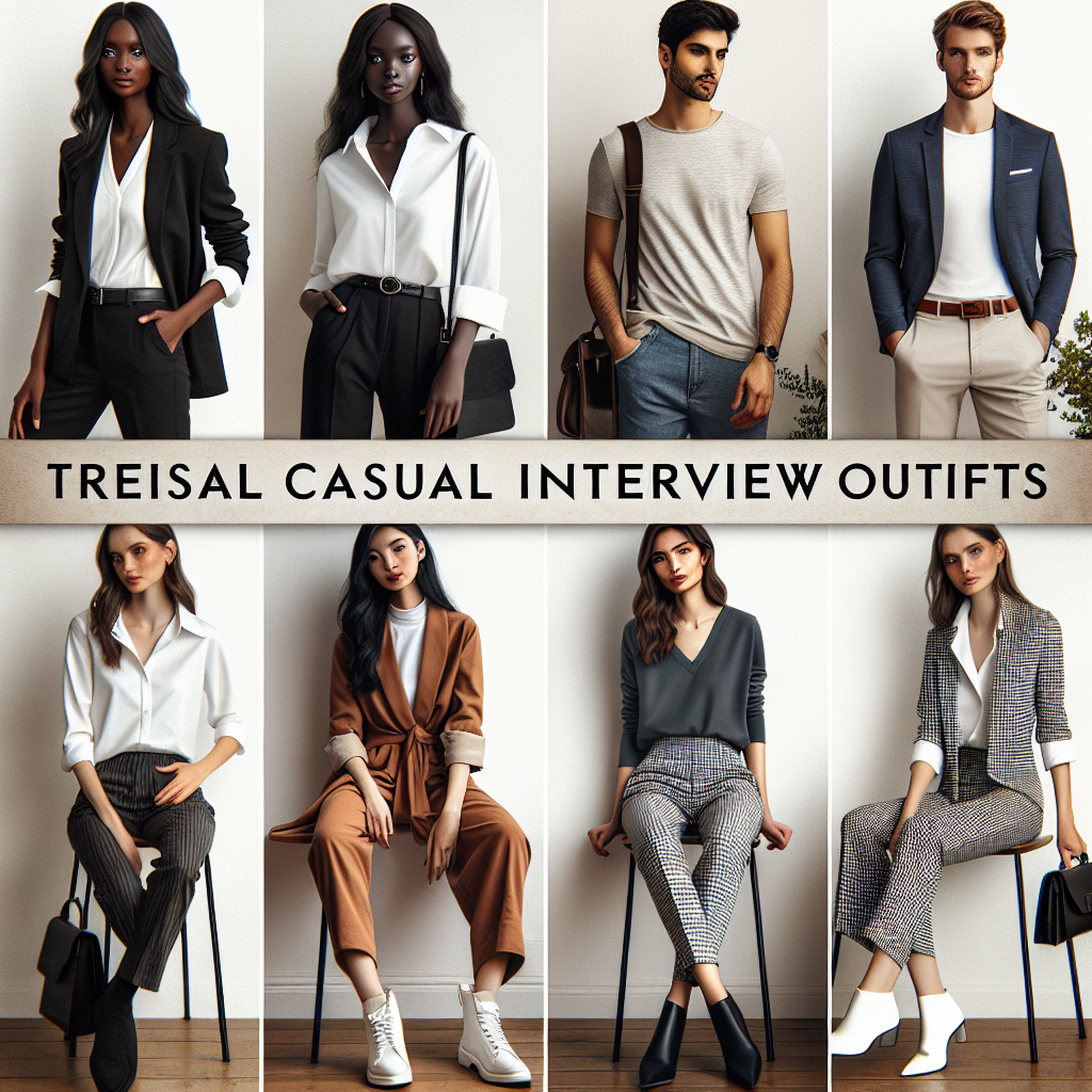 An inspiring collation of trendy casual interview outfits composed of various combinations for a look of effortless style. It includes a Black female wearing a tailored white blouse with dark trousers and minimalist jewelry, a Middle-Eastern male in a sleek blazer over a simple t-shirt with jeans, a South Asian female showcasing a subdued color-block dress paired with classy boots, and a Caucasian male portraying a smart-casual ensemble with a checked button-up shirt and coordinating trousers. The individuals should exude the aura of confidence and poise, reflecting that a well-curated casual wardrobe can leave a favorable impression.